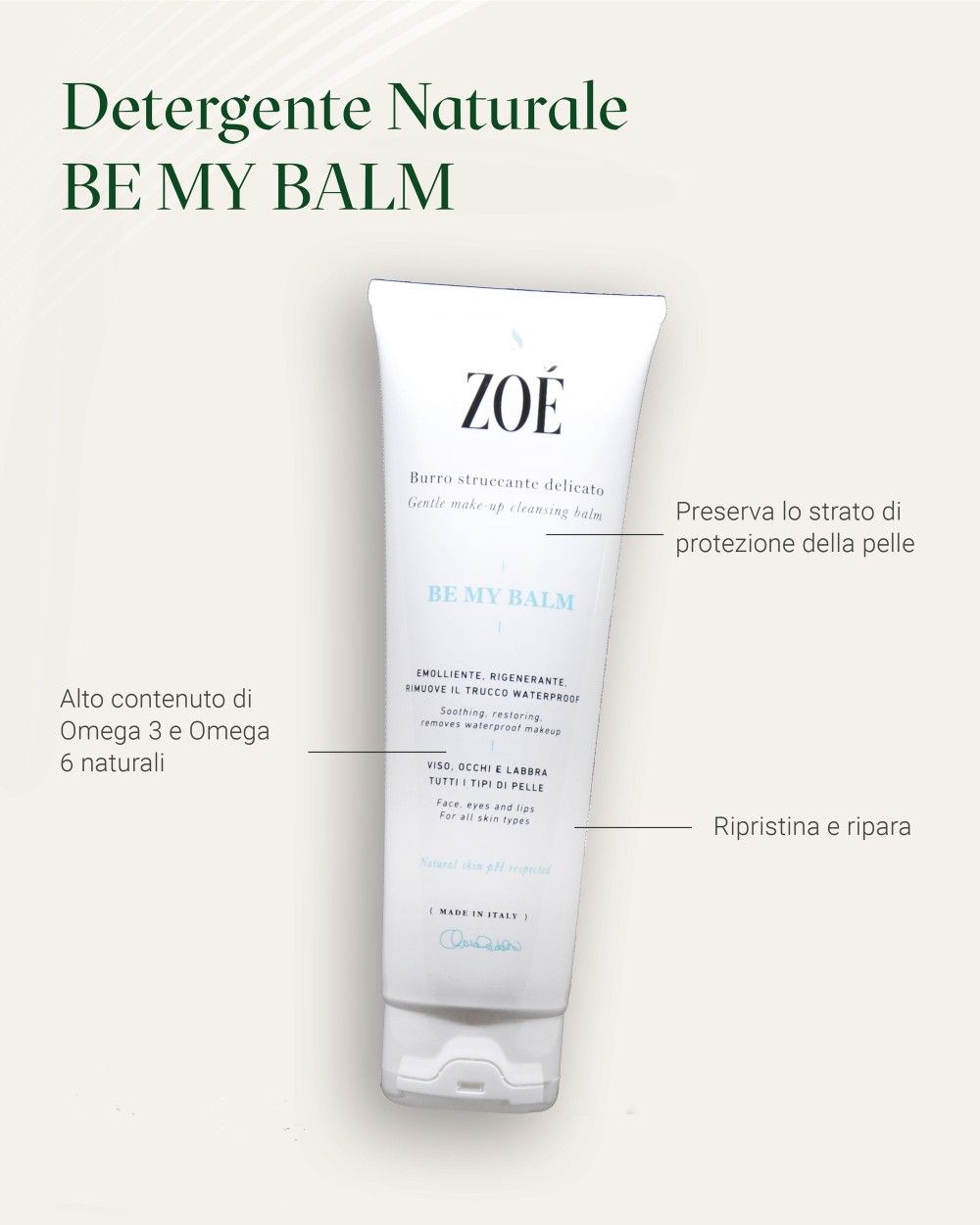 Tubo bianco con testo. Scritta: ZOE, BE MY BALM. Per viso, occhi e labbra. Con testo e frecce.