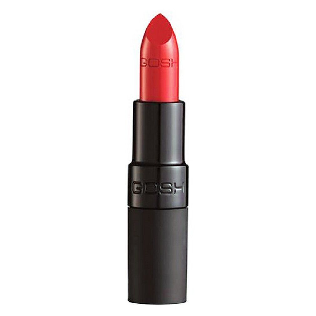 Rossetto rosso con astuccio nero. Il marchio GOSH è visibile. Il rossetto è parzialmente estratto.