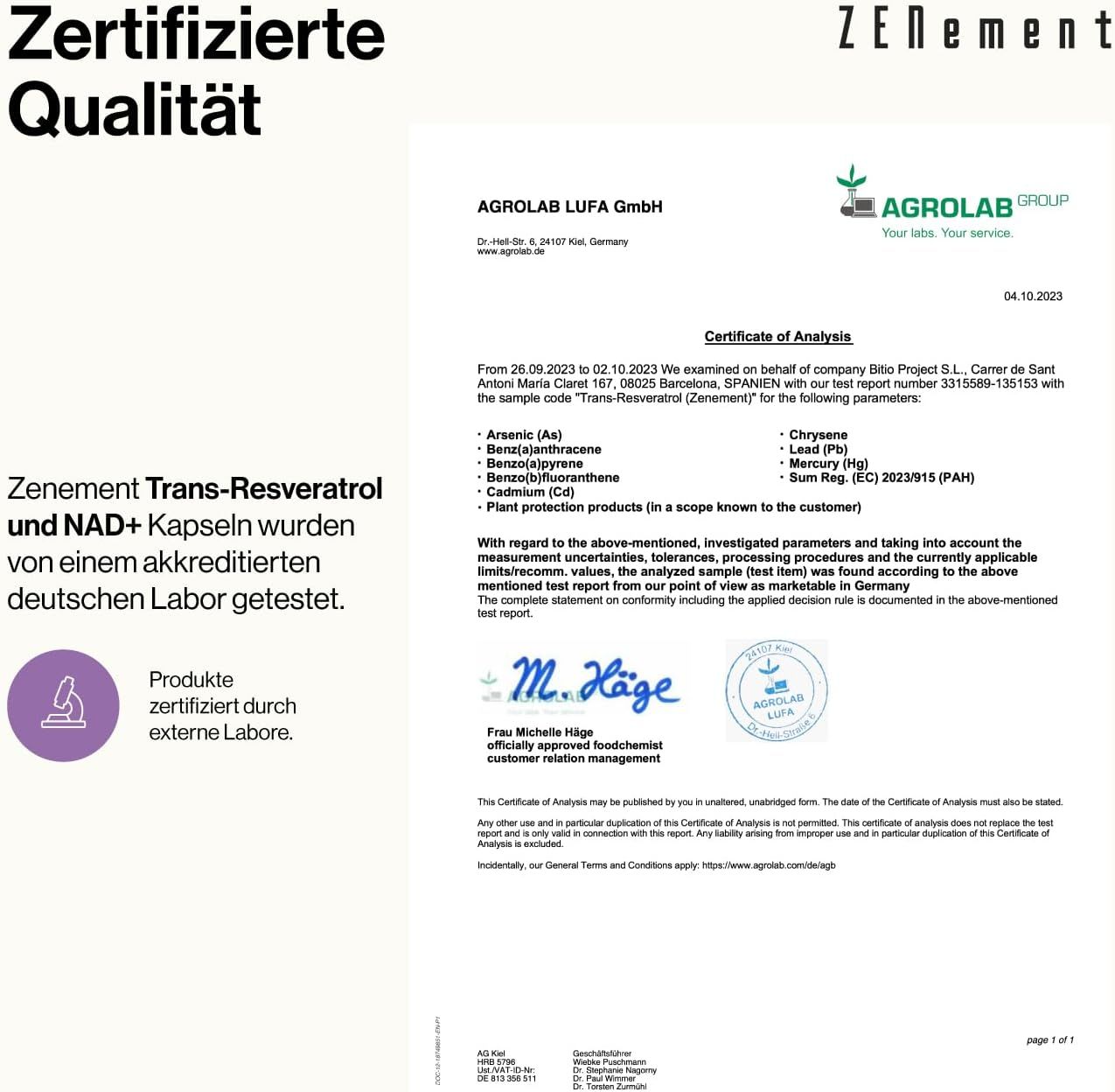 Documento di certificazione di Agrolab LUFA GmbH. Testo: Le capsule Zenement Trans-Resveratrol e NAD+ sono state testate da un laboratorio tedesco.