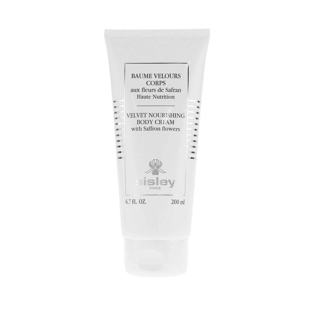 Tubo bianco con testo nero. Testo: Baume Velours Corps, Velvet Nourishing Body Cream. Marchio: Sisley. Volume: 200 ml.