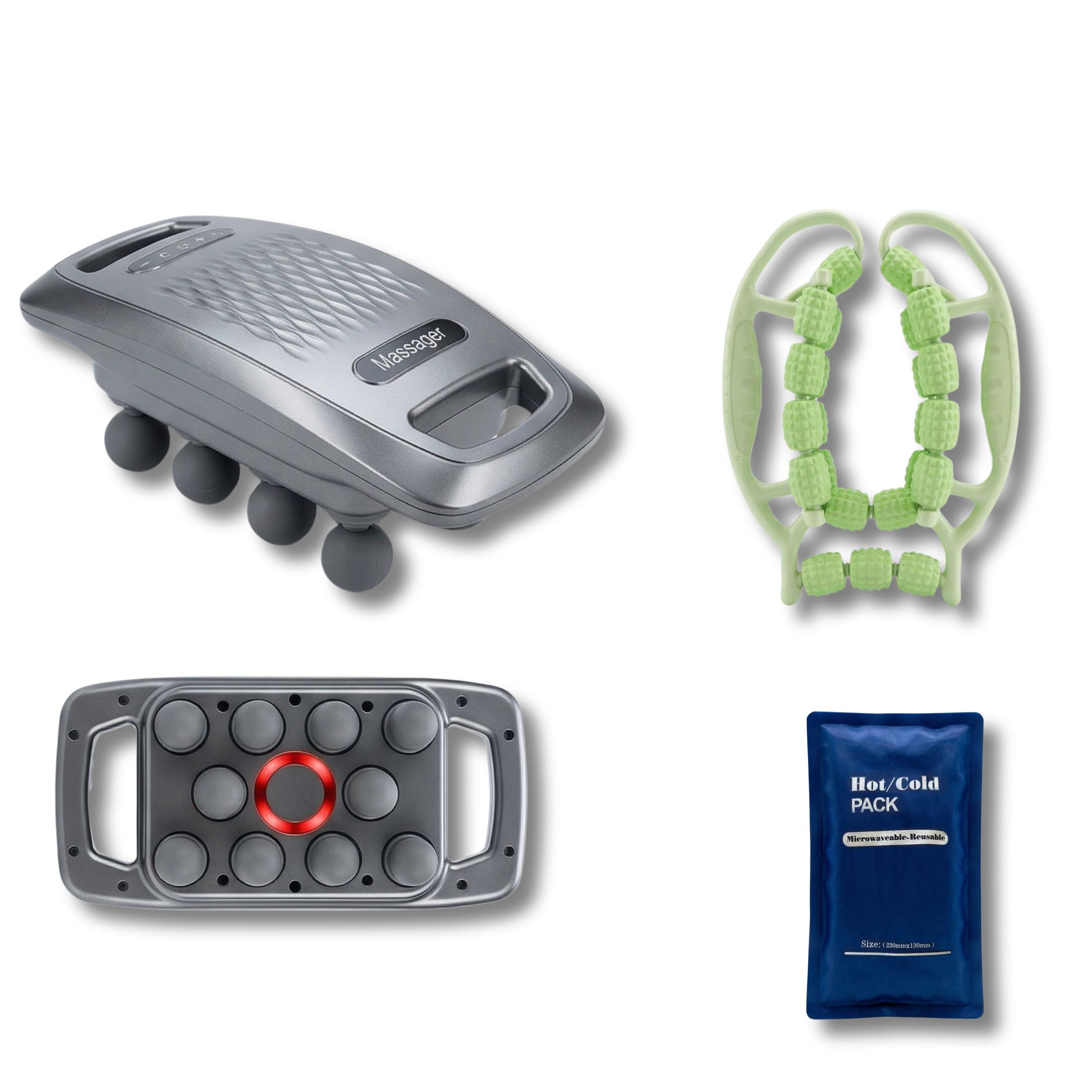 Recupero – Pistola Massaggiante + Rullo Muscolare 360° + Pack Gel Caldo/Freddo Antidolorifico