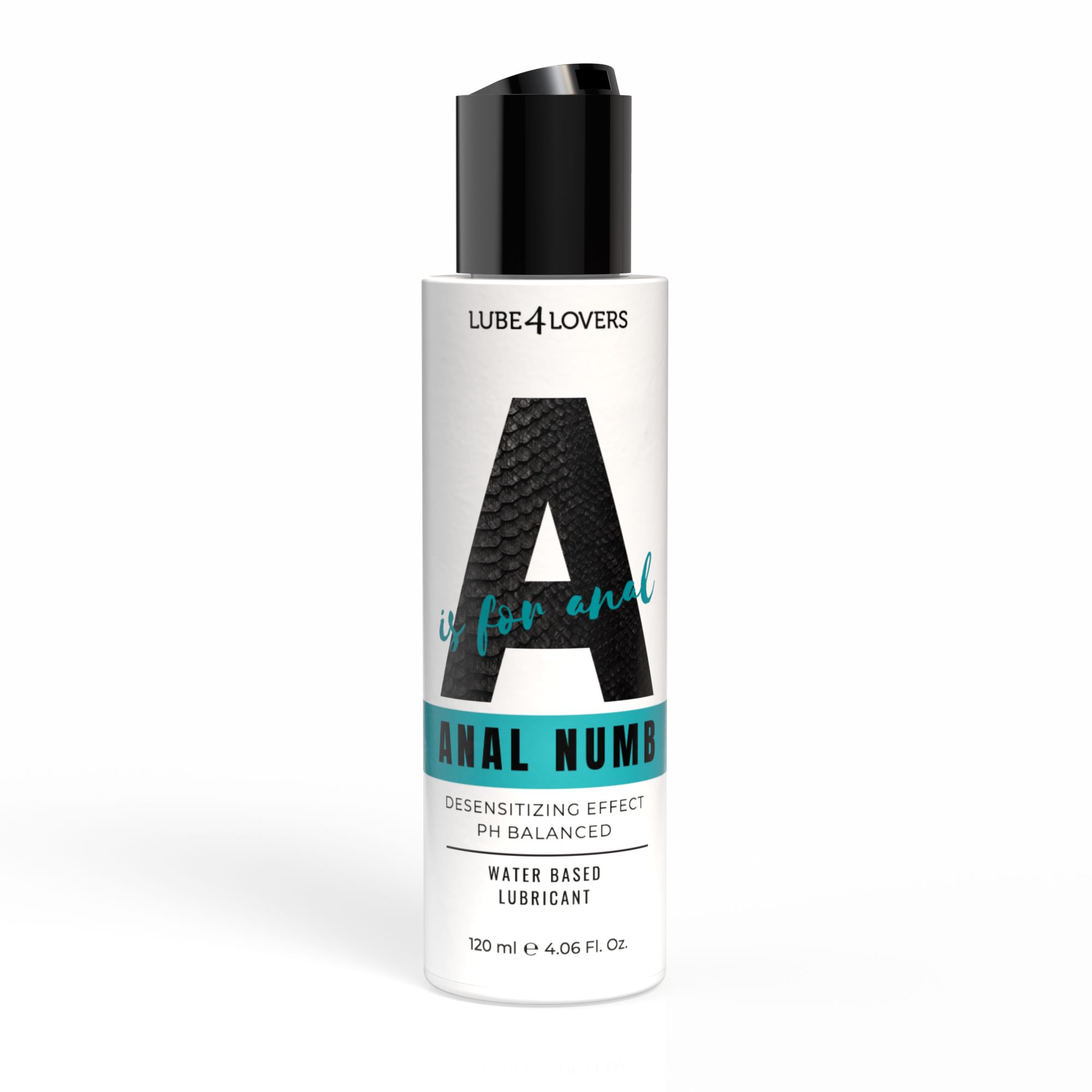 Flacone bianco con tappo nero. Scritta: A is for anal Numb. Testo: Lubrificante a base d'acqua, pH bilanciato.