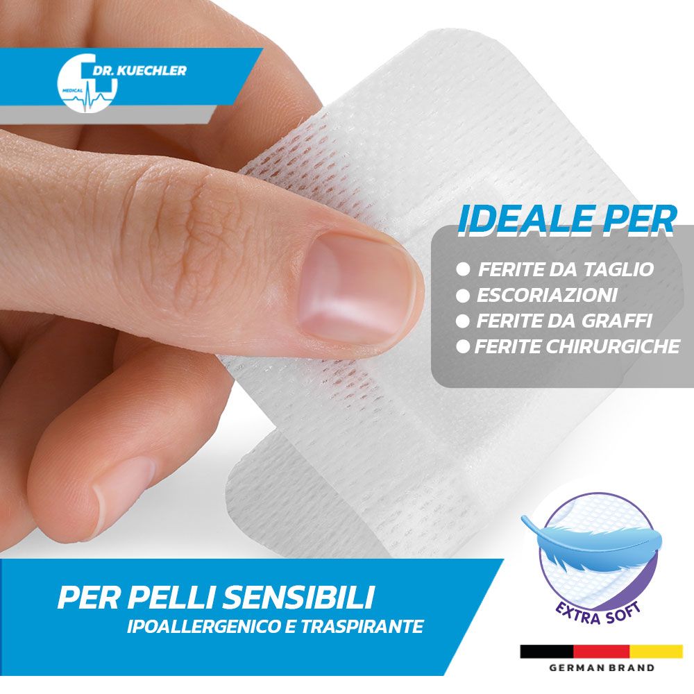 Primo piano di una medicazione bianca. Testo: Ideale per, per pelli sensibili, ipoallergenico e traspirante.