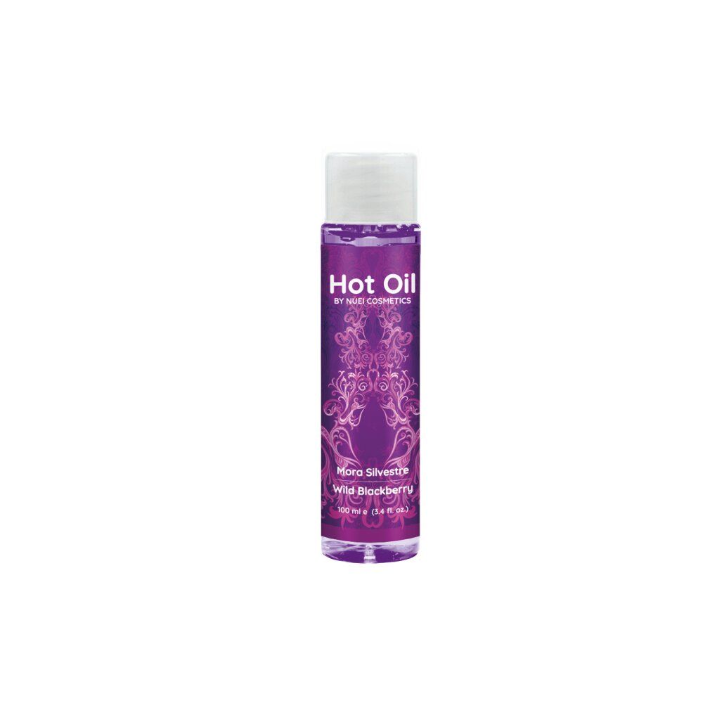 Flacone con etichetta viola. Scritta: Hot Oil, Mora Silvestre, Wild Blackberry. Marchio: NUEI cosmetics.