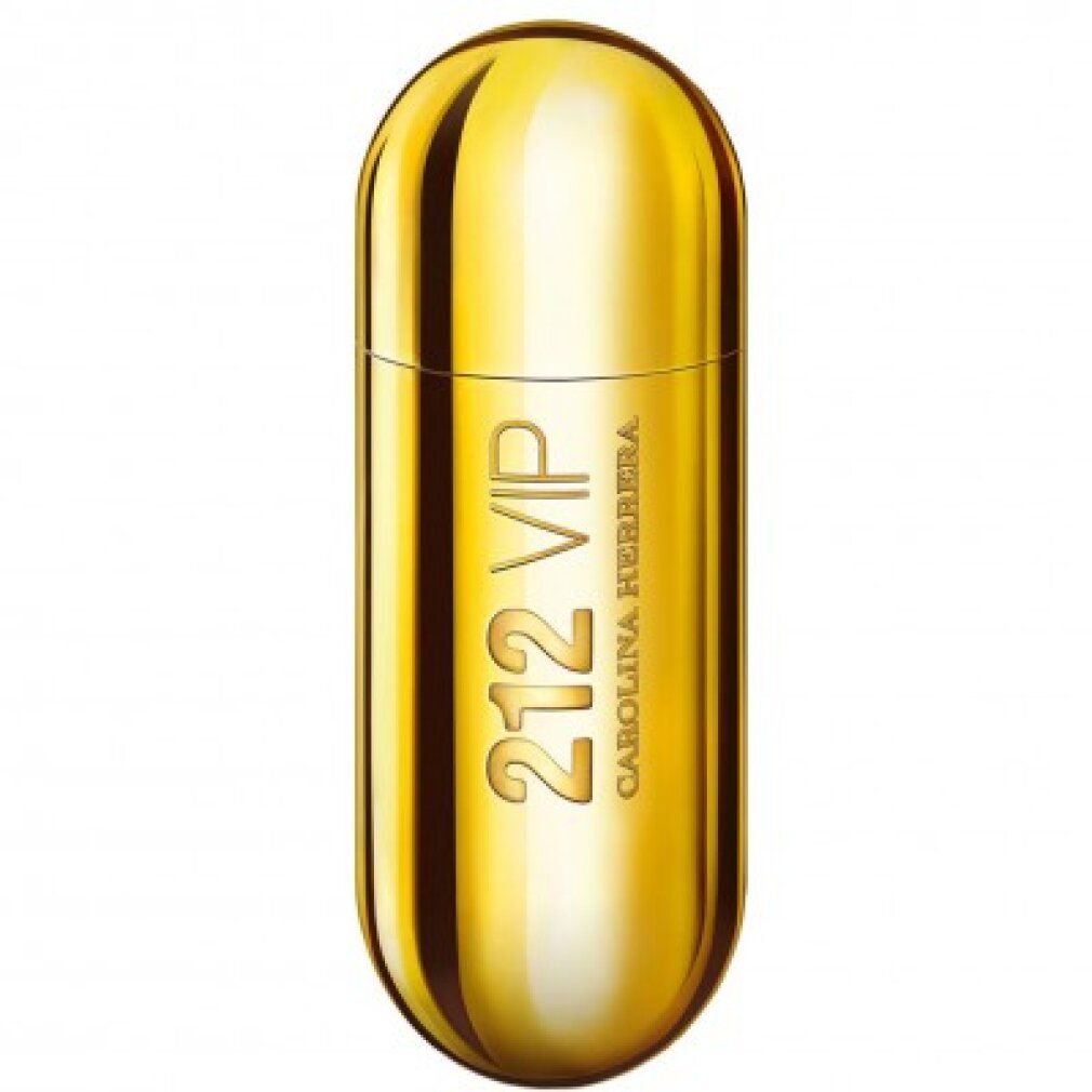 Flacone di profumo dorato a forma di pillola con scritte "212 VIP" e "Carolina Herrera".