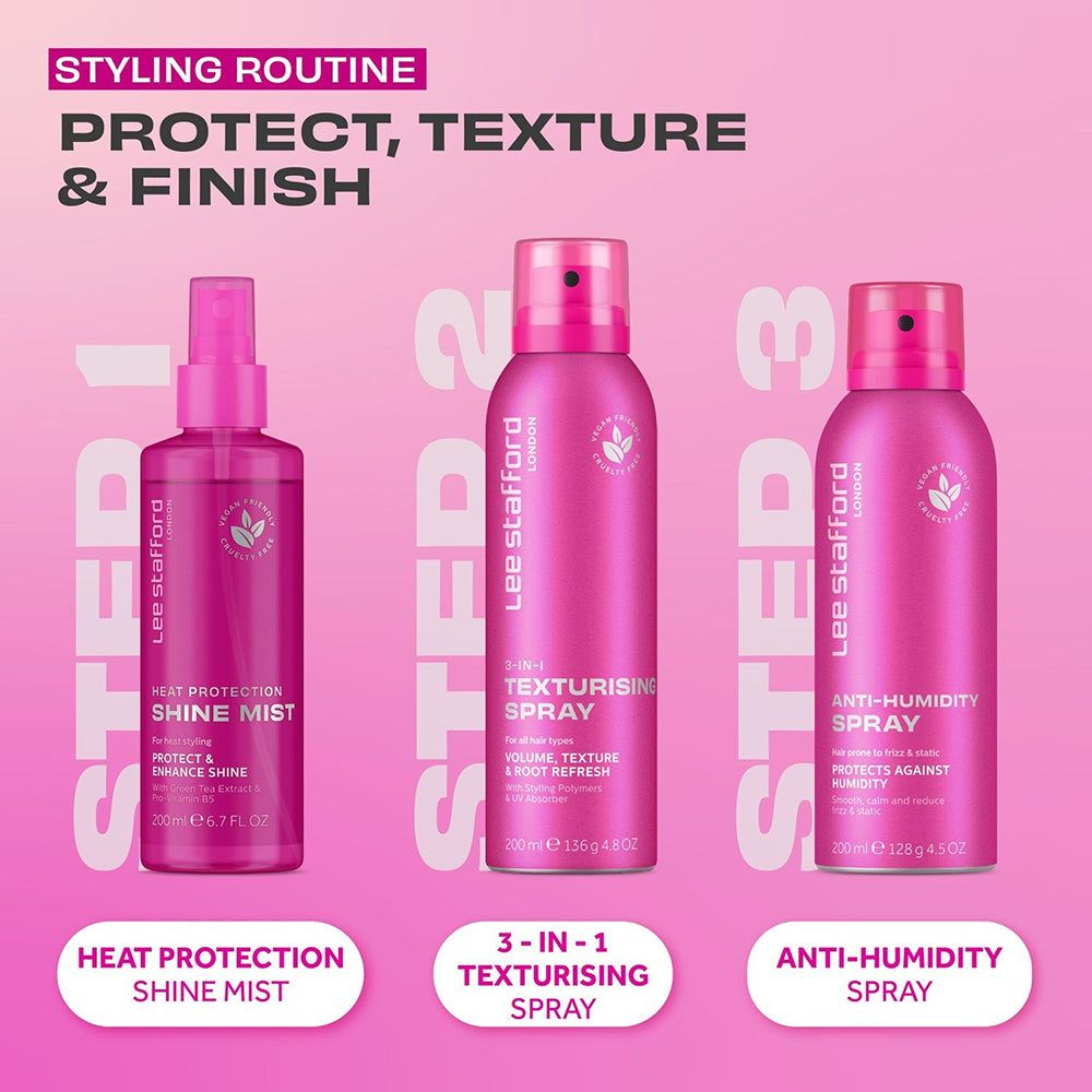 Routine styling Lee Stafford: Brume Protettiva, Spray Texturizzante 3-in-1, Spray Anti-Umidità.