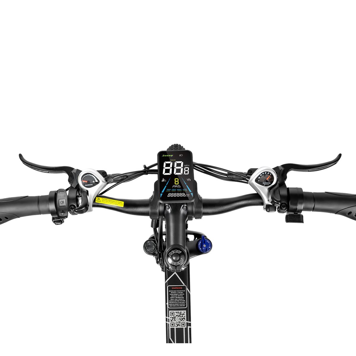 Manubrio di bicicletta elettrica nera. Display digitale con velocità e altre informazioni.