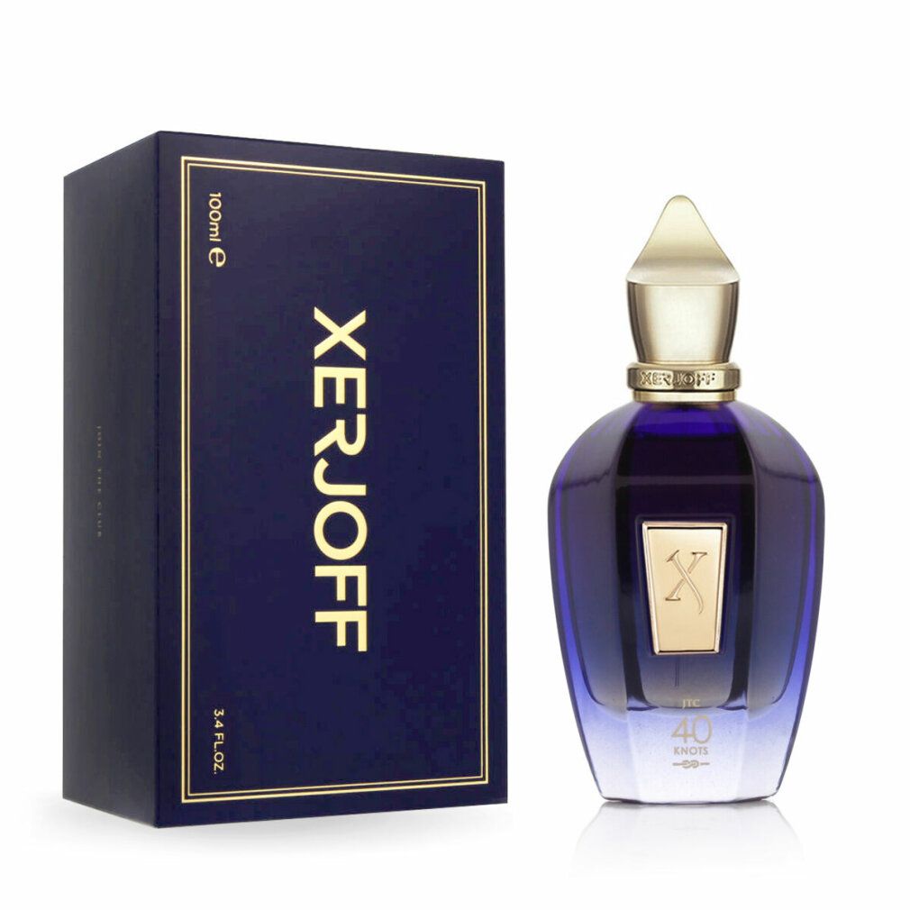 Scatola blu-oro e flacone. Flacone con tappo dorato ed etichetta 'X'. Testo: 'XERJOFF'.