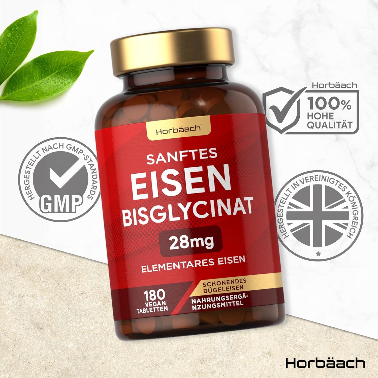 Flacone di compresse con etichetta rossa. Testo: Sanftes Eisenbisglycinat, 28mg, 180 compresse. Certificazione GMP. 100% alta qualità.