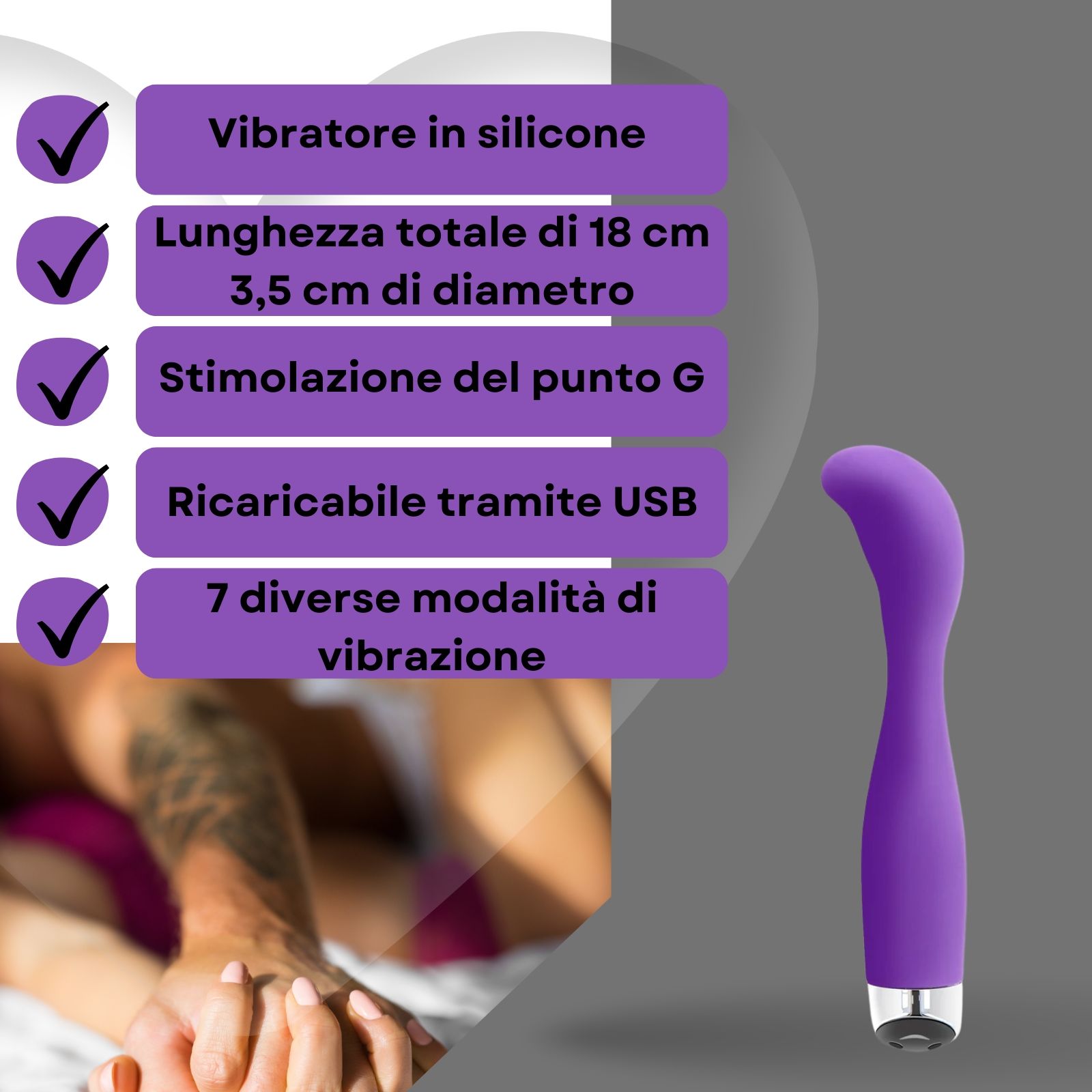 Vibratore viola. Silicone, forma curva. Testo: Vibratore in silicone, 18cm, punto G.