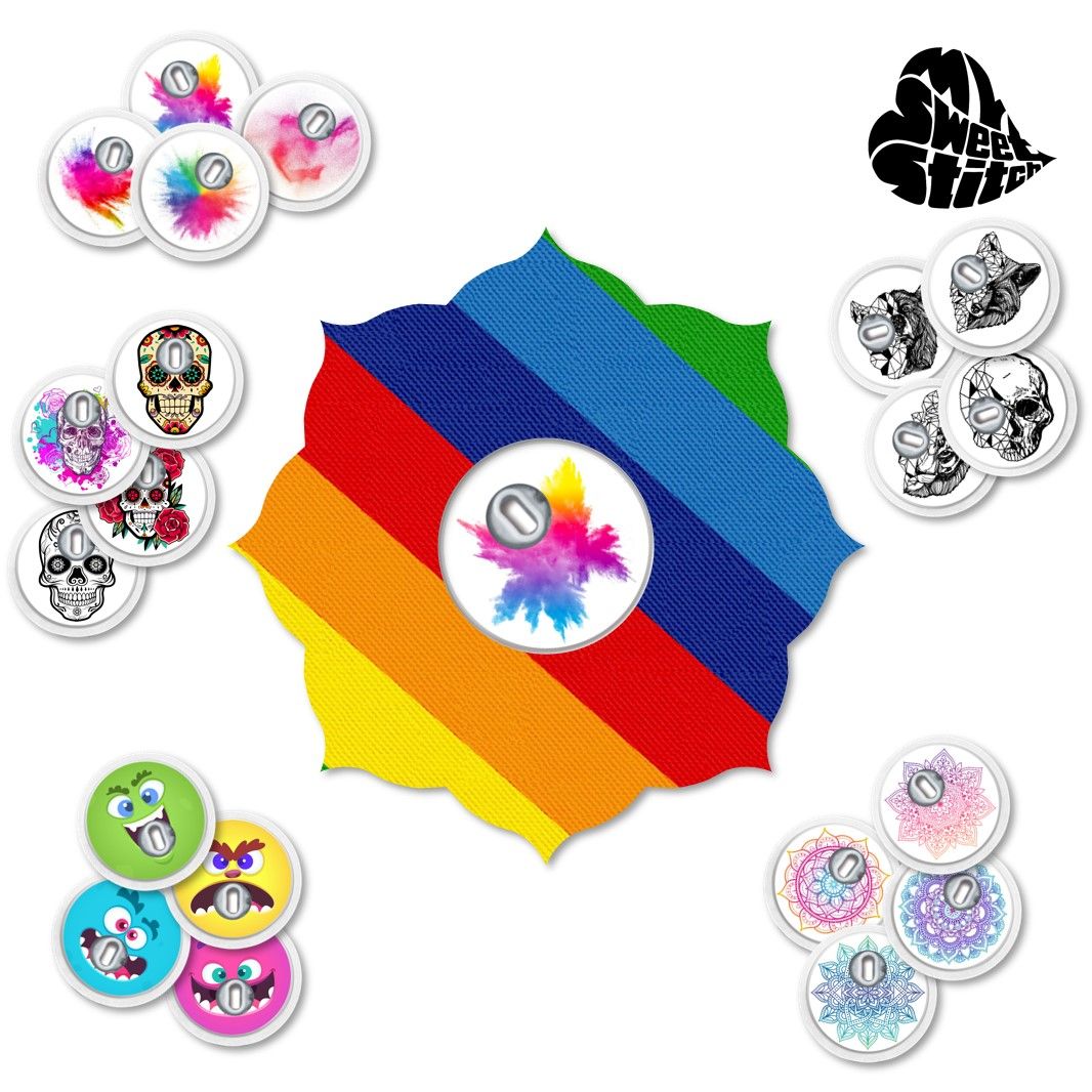 Anello di fissaggio arcobaleno con foro, circondato da altri anelli con diversi disegni. Logo 'MySweetStitch'.