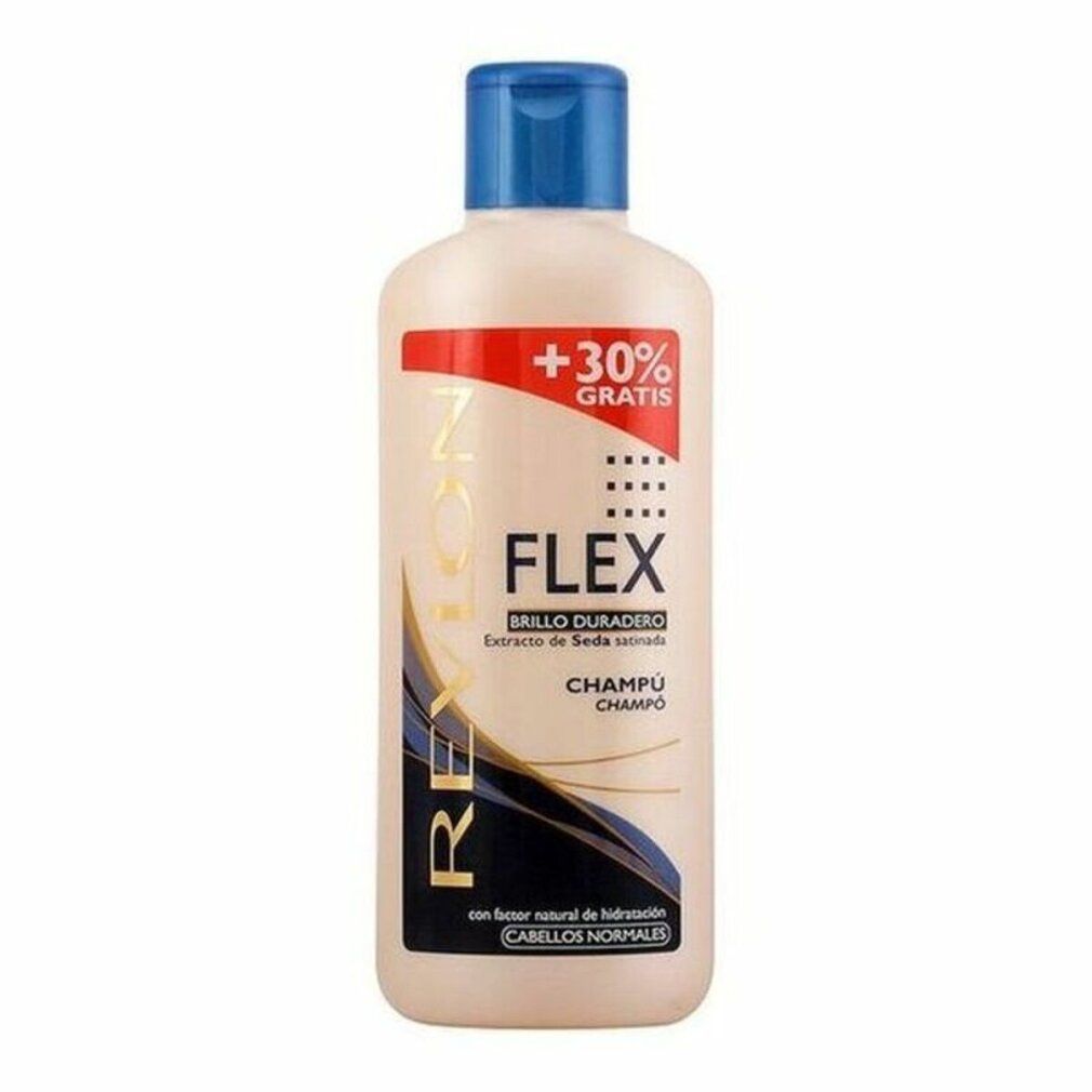 Flacone di shampoo Revlon Flex, bianco con tappo blu. Testo: Flex, Shampoo, +30% gratis, Brillo Duradero.