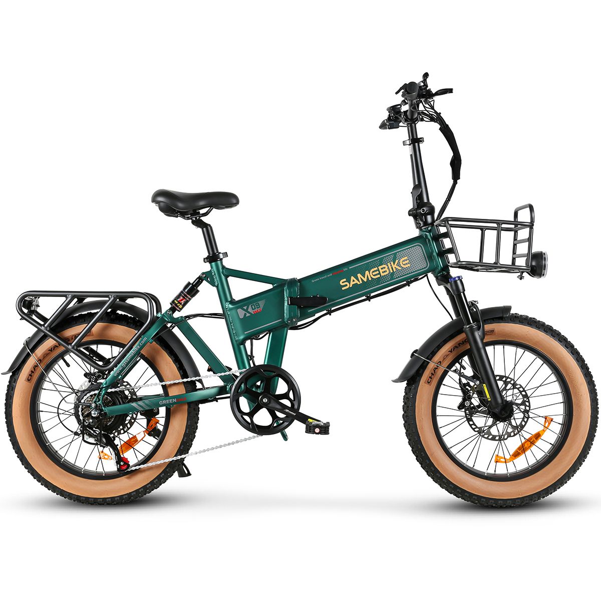 Bicicletta elettrica SAMEBIKE XWLX09-II verde con cestino, portapacchi e pneumatici larghi. Dettagli neri, pneumatici beige.