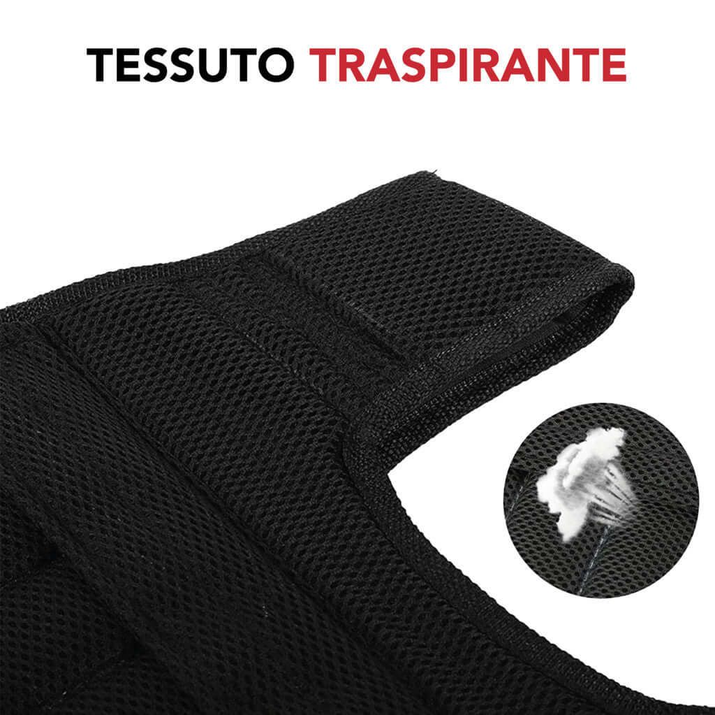 Primo piano del tessuto a rete nero del gilet zavorrato. Testo: 'Tessuto traspirante'.