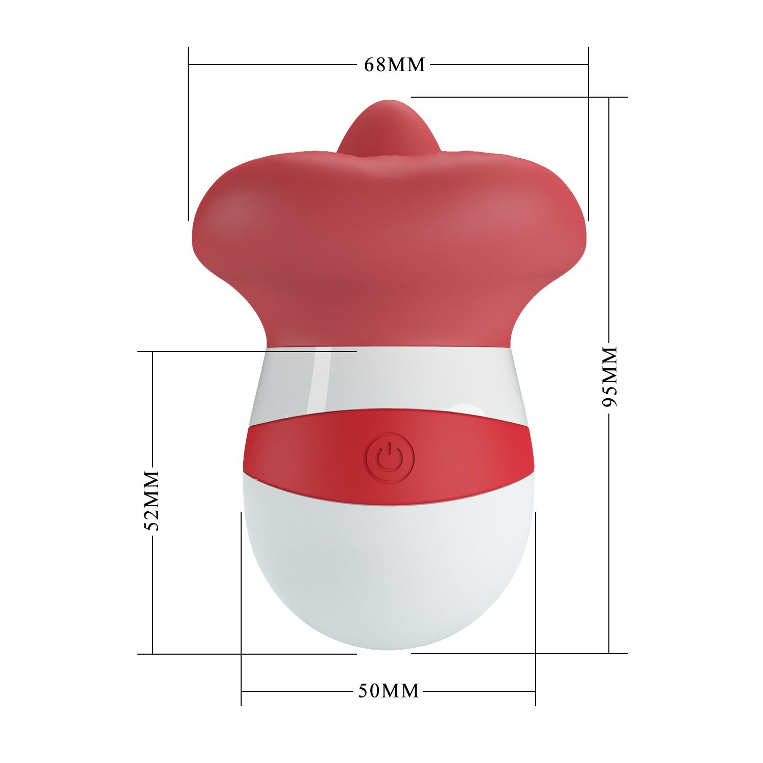 Dispositivo bianco e rosso con punta e forma a bocca rosse. Dimensioni: 95mm altezza, 68mm larghezza, 50mm profondità.