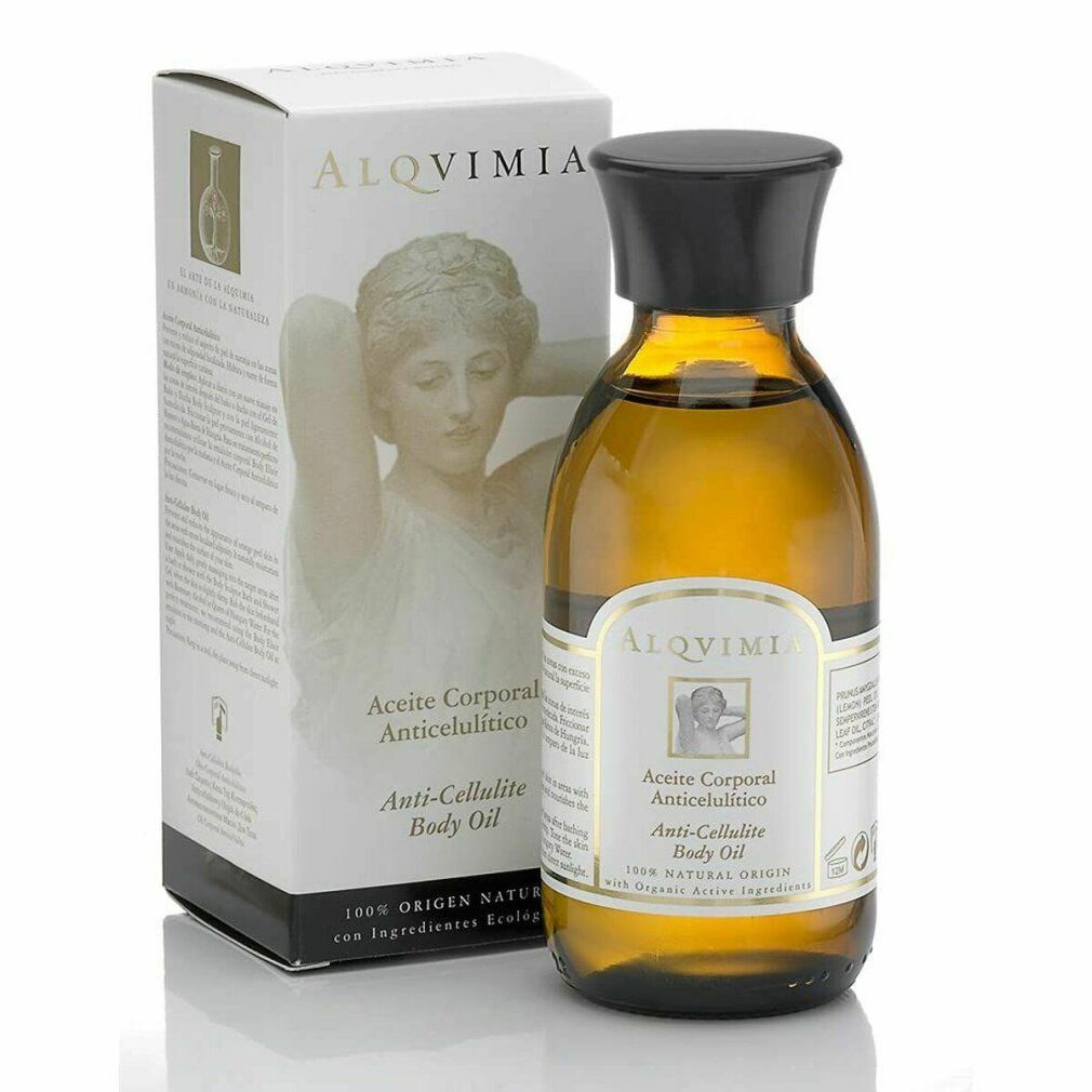 Flacone di vetro marrone con tappo nero e scatola. Etichetta e confezione con nome del prodotto e logo. Testo: Aceite Corporal Anticellulítico, Anti-Cellulite Body Oil.