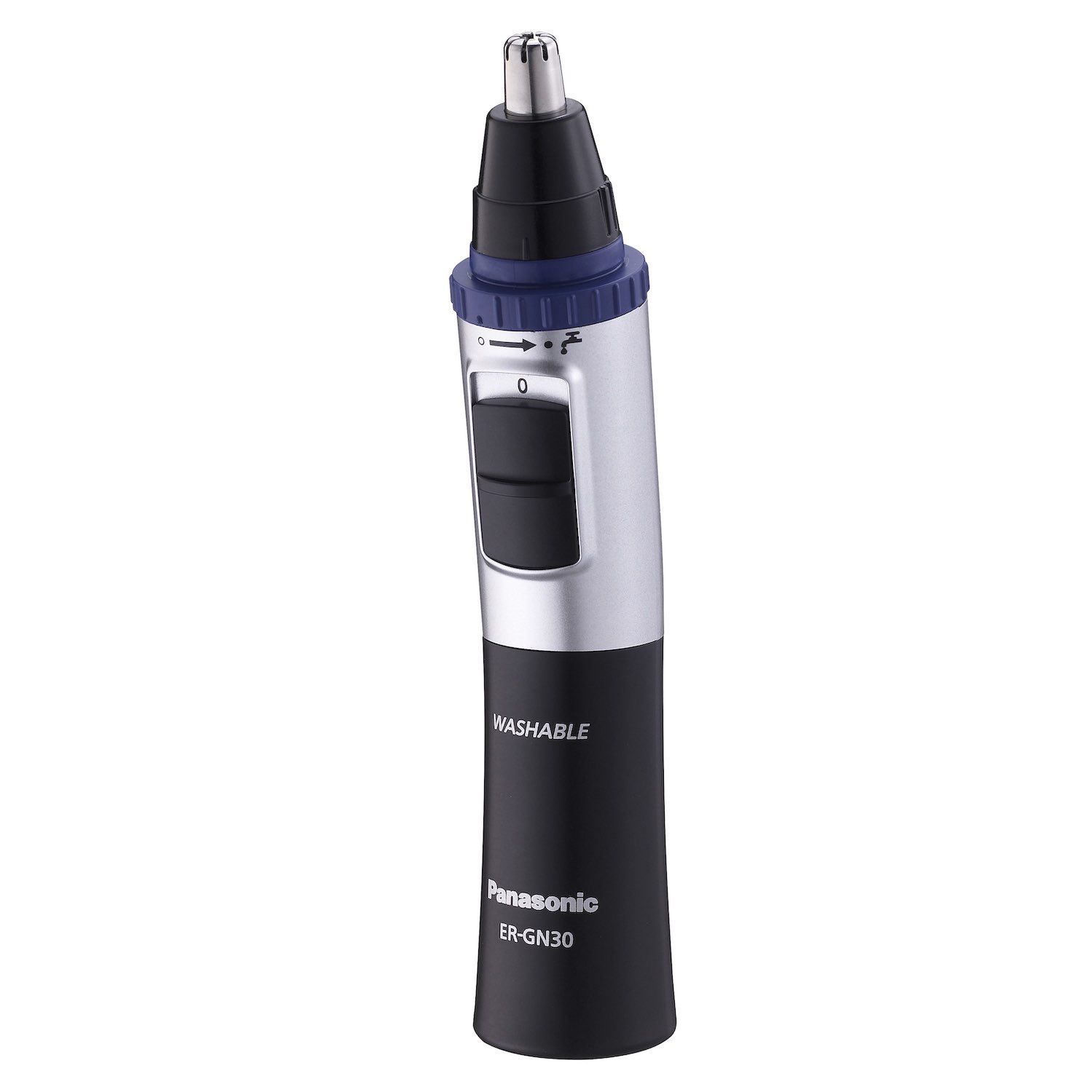 Tagliacapelli e barba. Nero, argento e blu. Con pulsante ed elemento rotante. Lavabile. Panasonic ER-GN30.