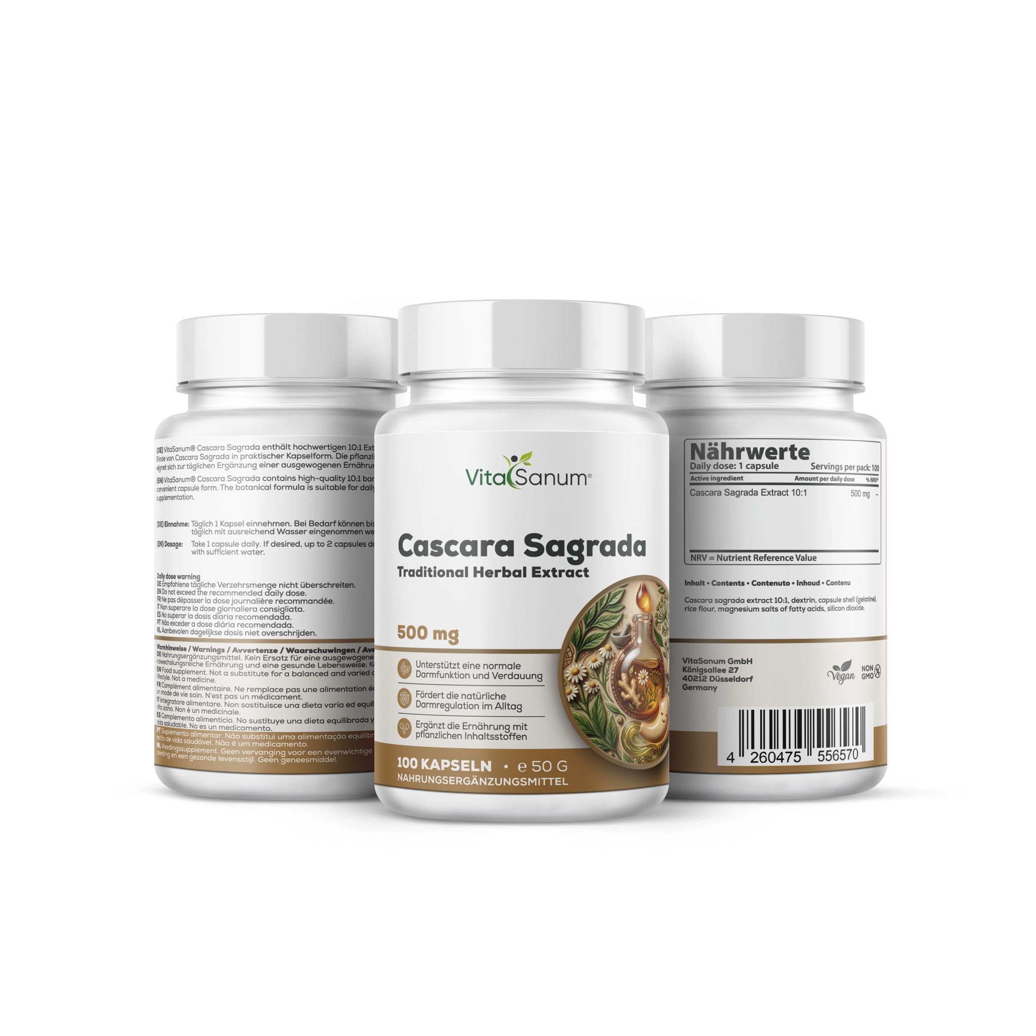 Tre flaconi bianchi di capsule, uno davanti con etichetta VitaSanum® Cascara Sagrada, due dietro.