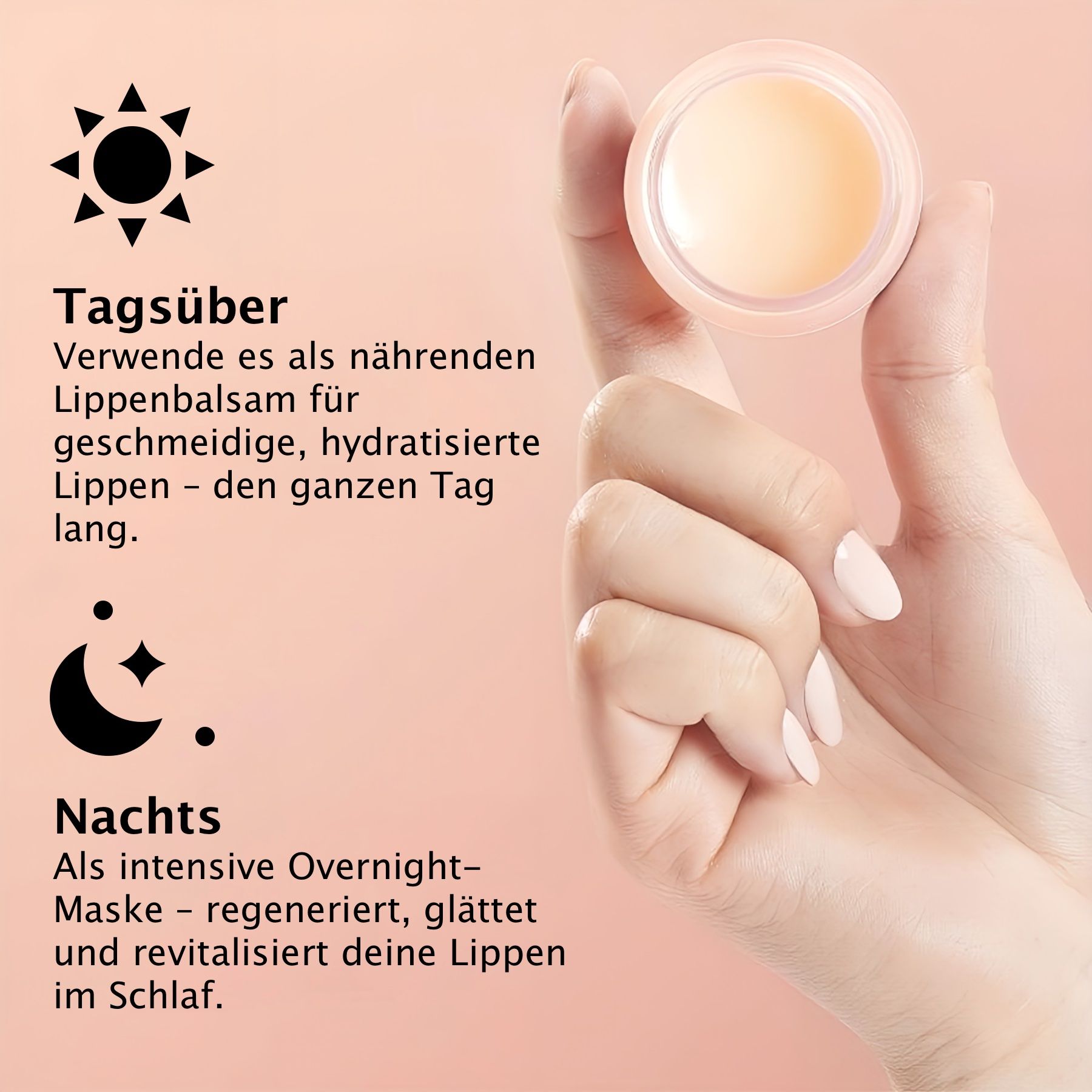 Mano con vasetto aperto. Testo: Di giorno, come cura labbra. Di notte, come maschera notte. COSRX.