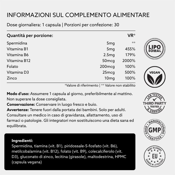 Informazioni sull'integratore alimentare. Ingredienti, dosaggio, informazioni nutrizionali, certificazioni: Lipo Somal, Vegan, Third Party Tested, GMP.