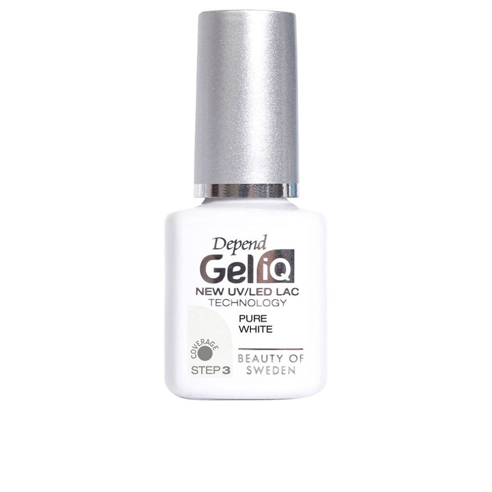 Flacone di smalto gel bianco con tappo argentato. Scritta: Depend Gel iQ, Pure White. Passo 3.