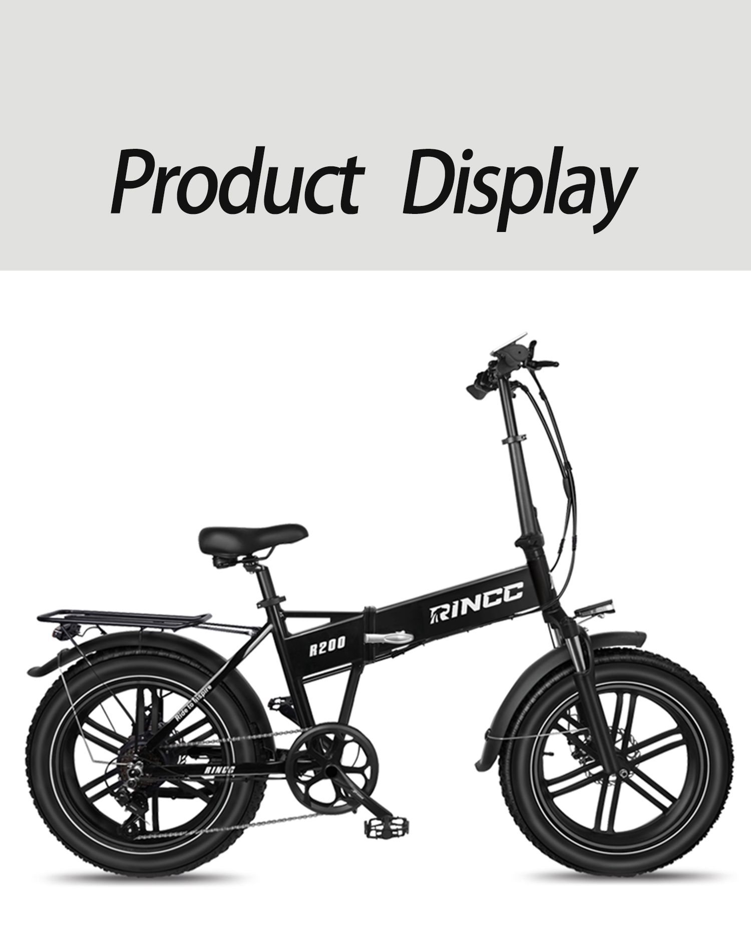 Bicicletta elettrica pieghevole nera. Portapacchi, parafanghi, sella, pneumatici. Testo "R200" e "RINCC".