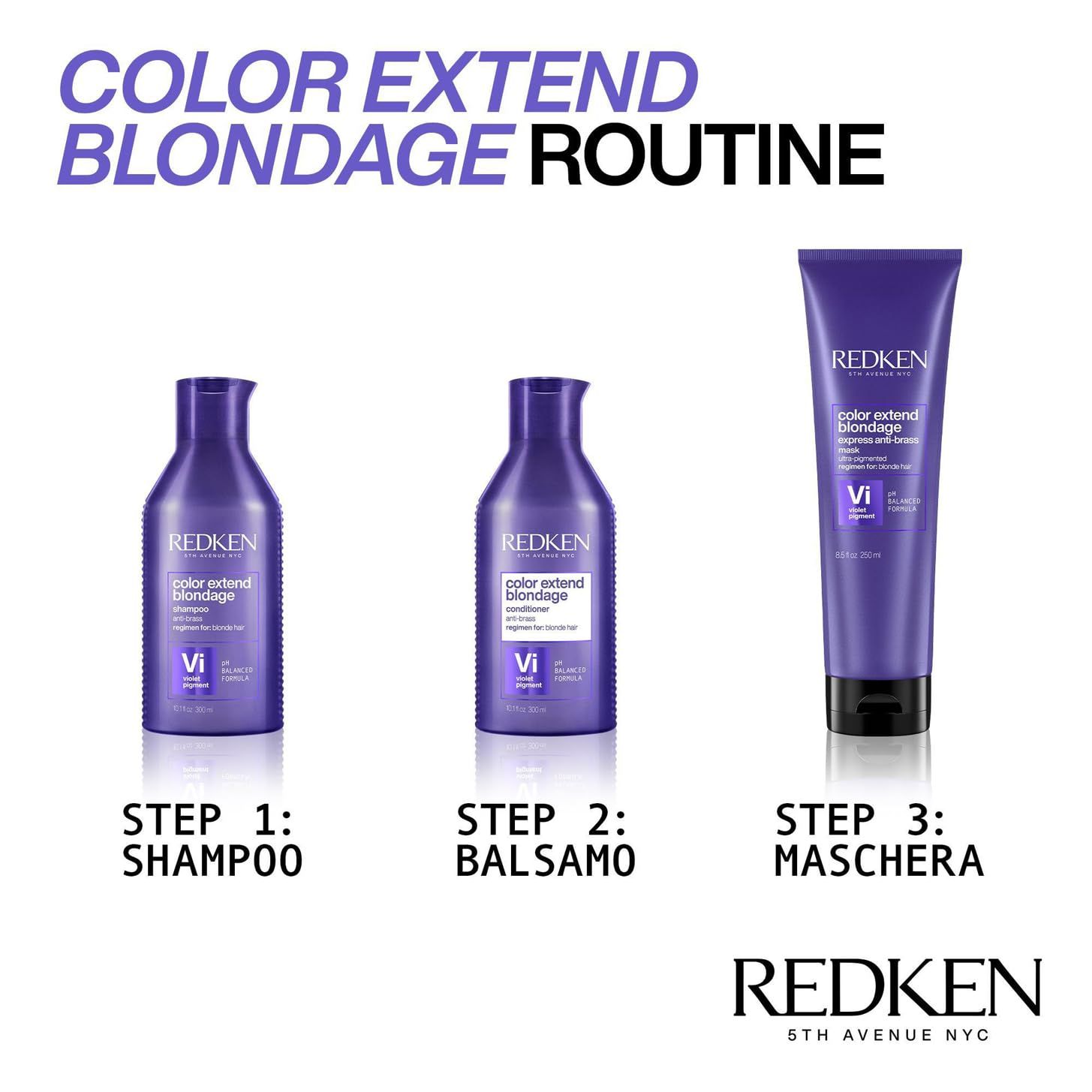 Tre prodotti della routine Color Extend Blondage. Shampoo, balsamo e maschera in flaconi e tubo viola.