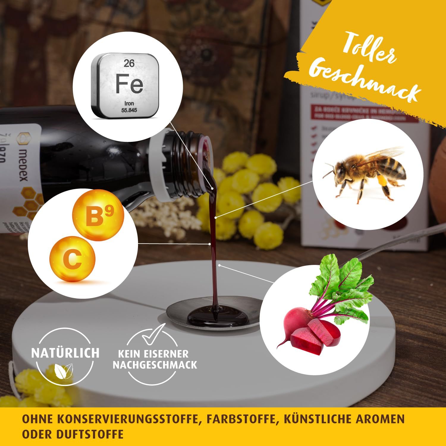 Il prodotto viene versato in un cucchiaio. Elementi: ferro, vitamina C, acido folico, barbabietola, ape. Testo: Naturale, nessun retrogusto ferroso.