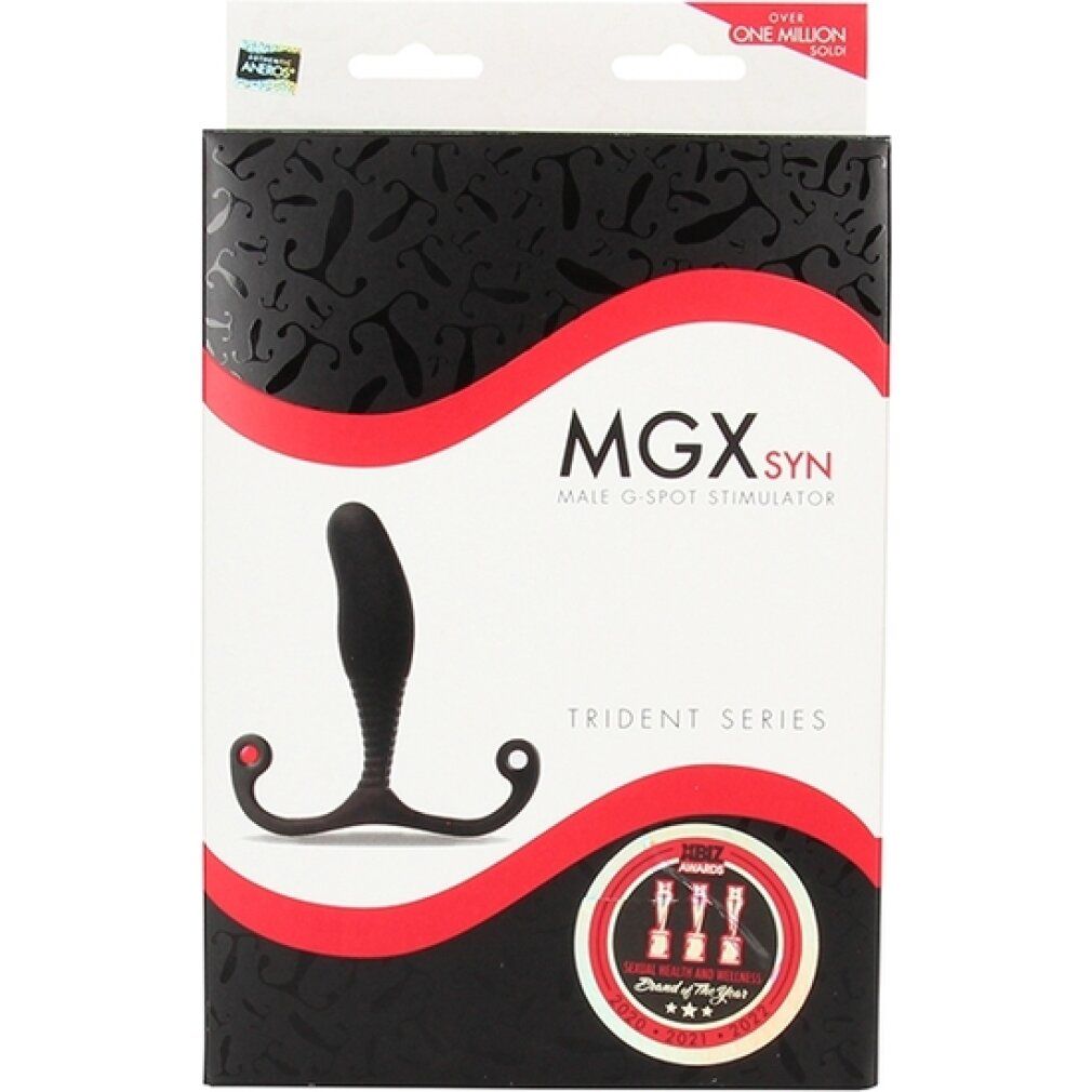 Confezione per stimolatore. Scritta: MGX SYN Male G-Spot Stimulator. Trident Series. Premi.