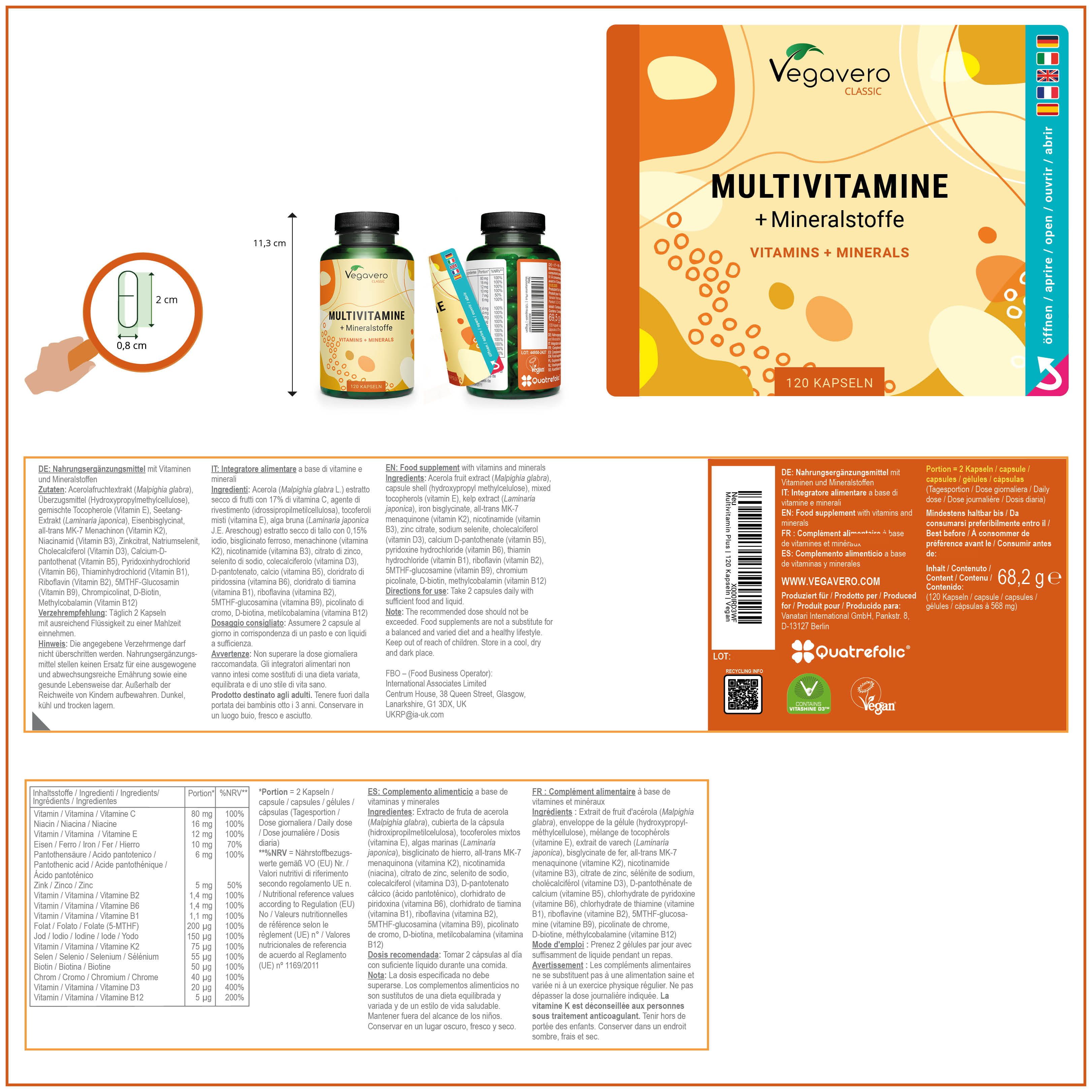 Diverse immagini del prodotto e dettagli dell'imballaggio. Include una bottiglia di multivitamine, una capsula ed etichette informative.