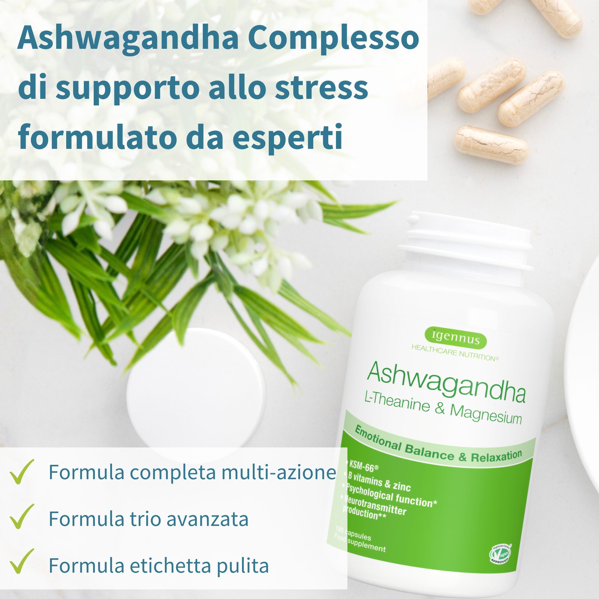 Flacone bianco con capsule. Testo: Ashwagandha, L-Teanina & Magnesio. Verde: Equilibrio emotivo & Relax. Igennus Healthcare Nutrition.