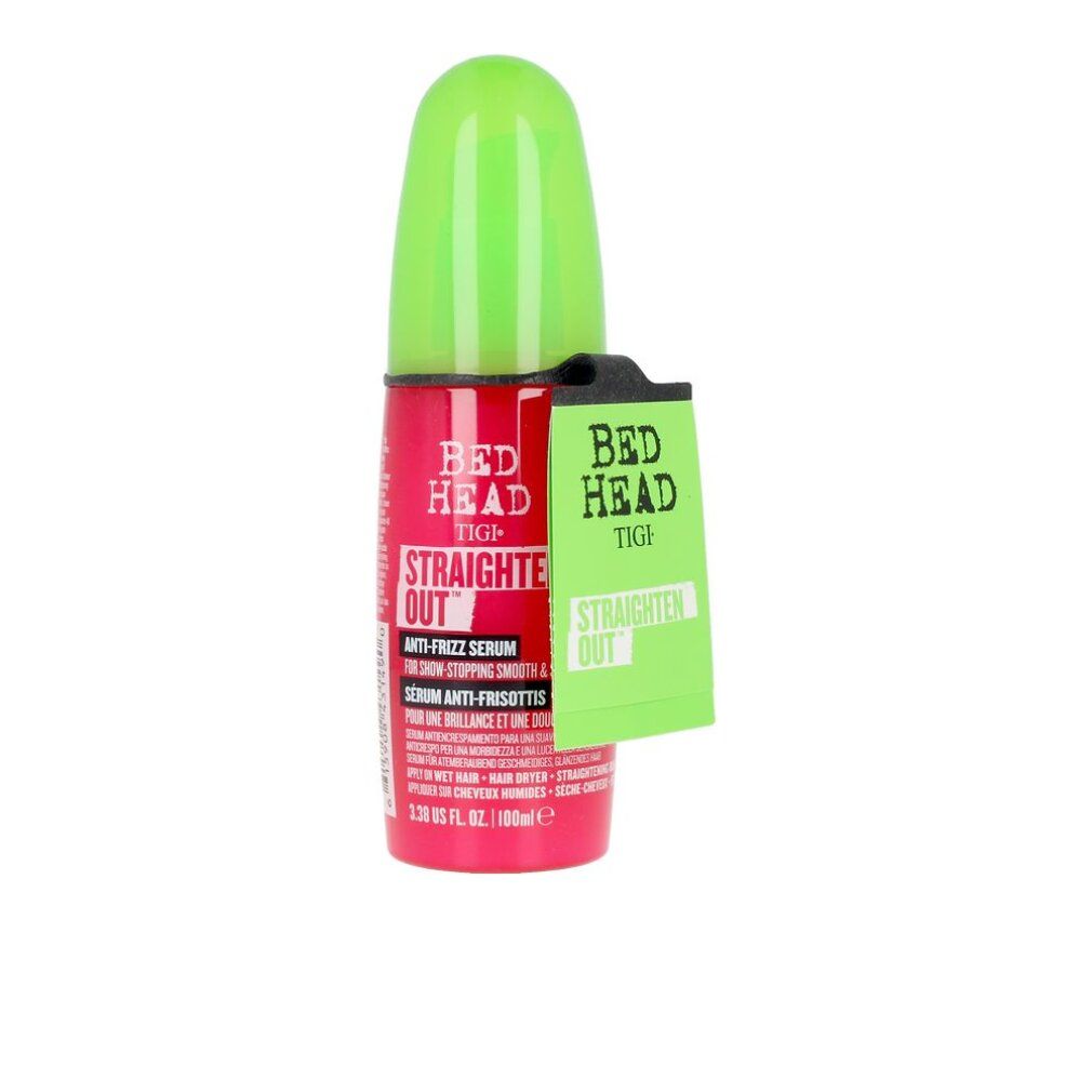 Flacone rosso con tappo verde. Testo: Bed Head TIGI Straighten Out Anti-Frizz Serum. Etichetta con testo.