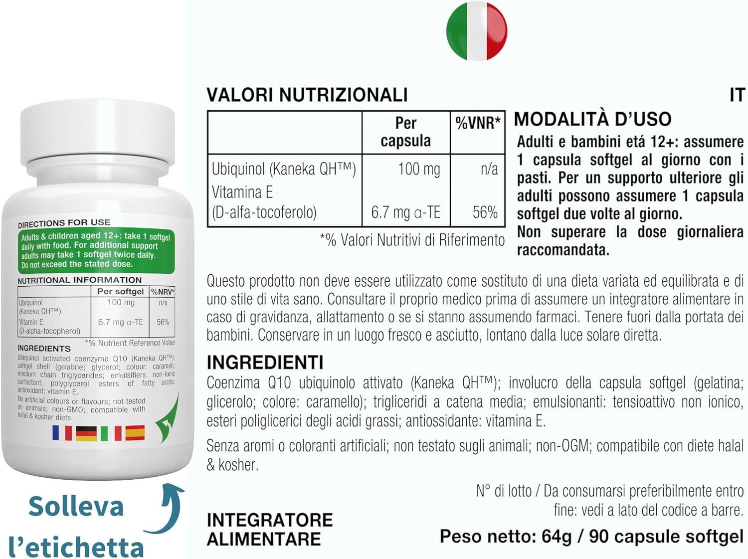 Flacone Igennus Ubiquinol-QH con informazioni su standard GMP e ingredienti.