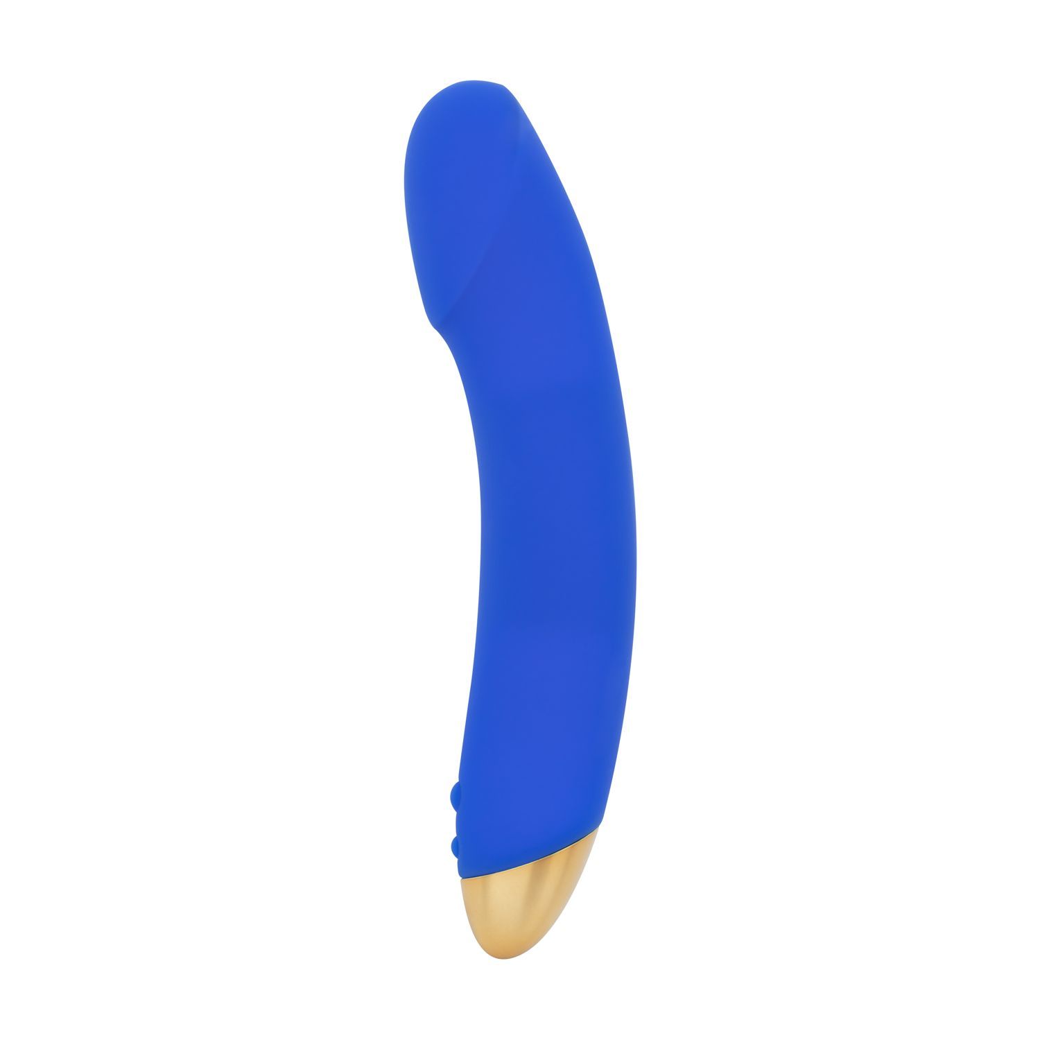 Vibratore blu con estremità dorata. Il prodotto ha una forma curva e due pulsanti.