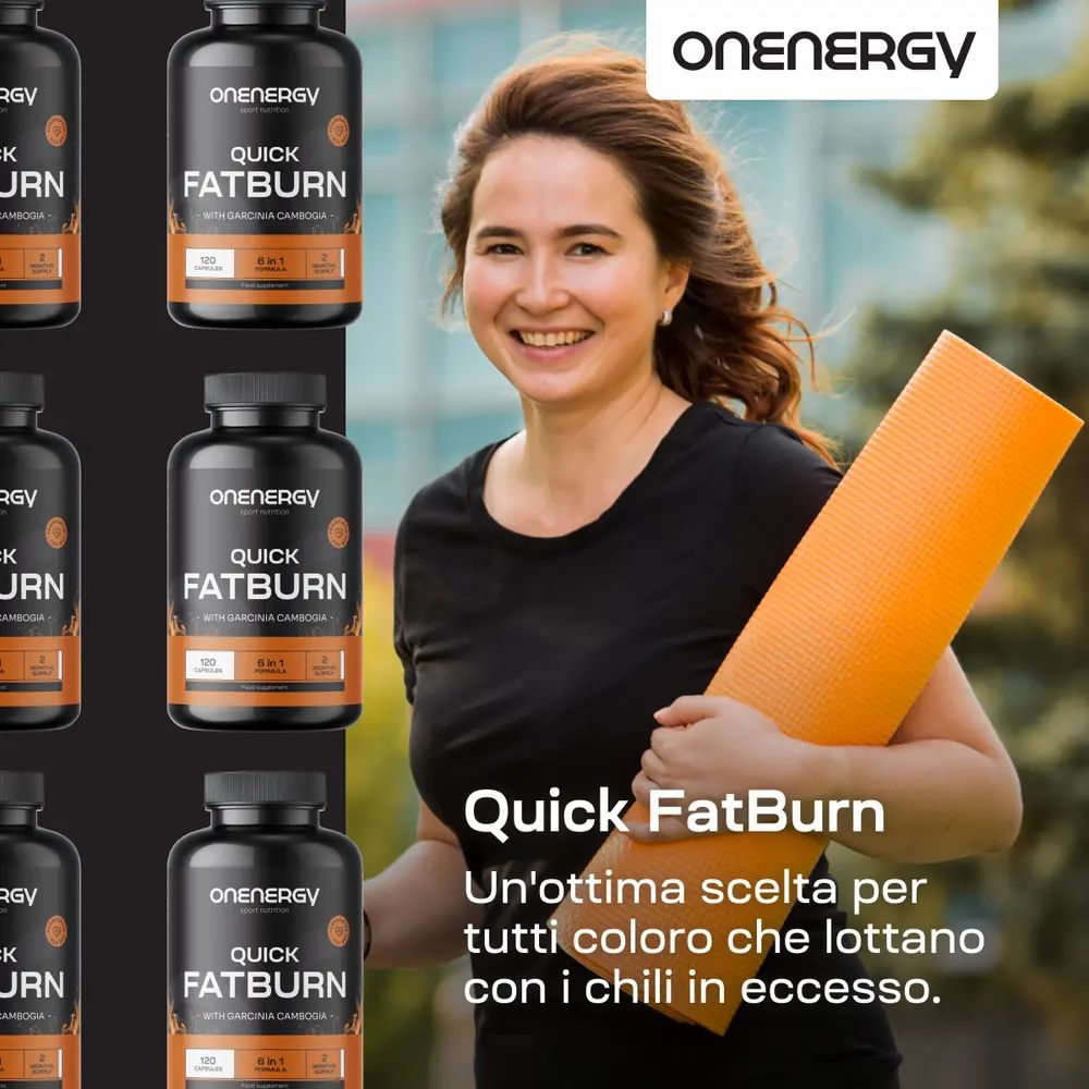 Donna con tappetino yoga, circondata da flaconi "OnEnergy Quick FatBurn".