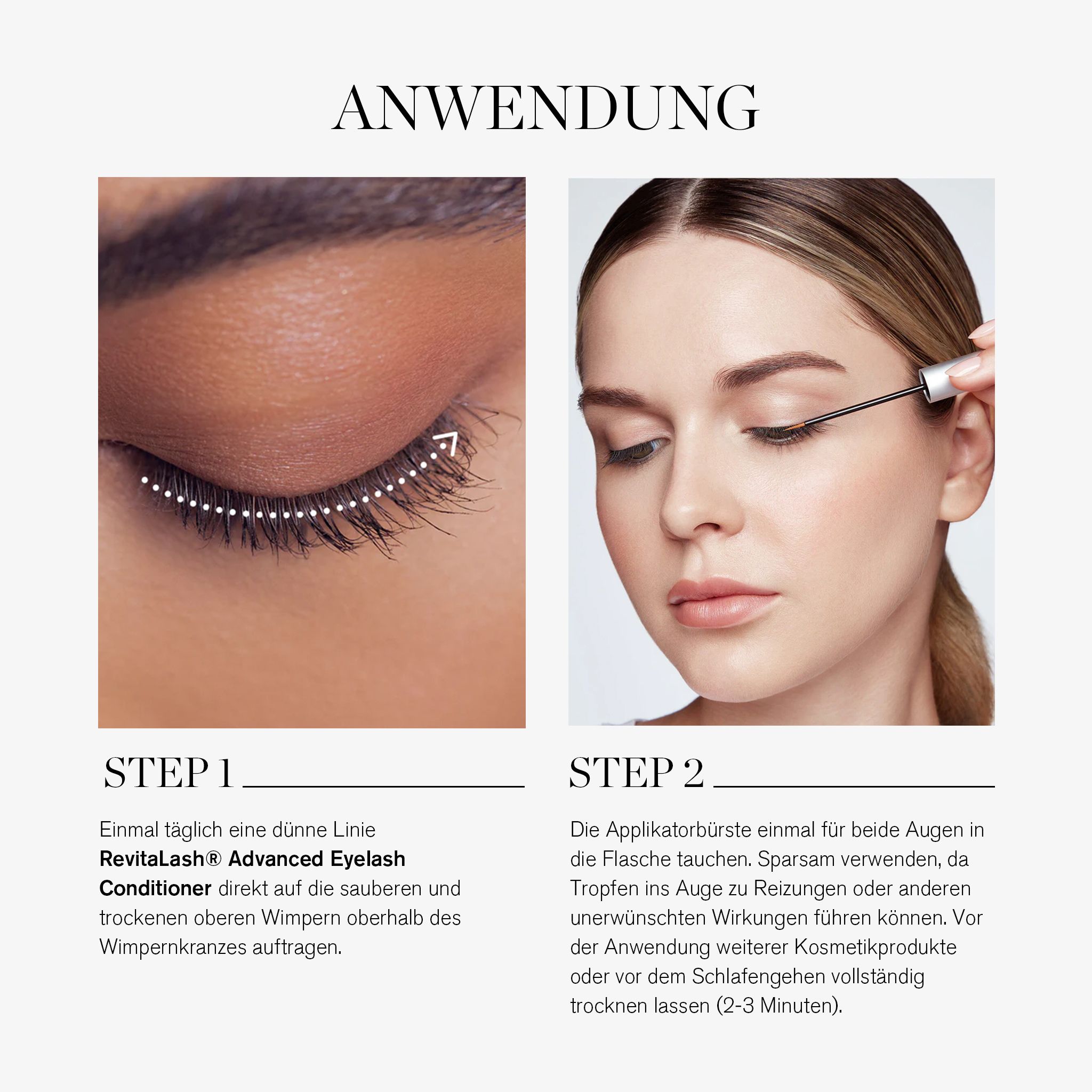 Fasi di applicazione di RevitaLash Advanced. Una donna applica il prodotto. Testo e frecce che indicano l'applicazione.