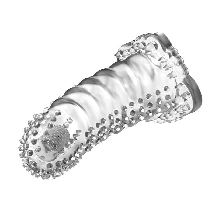 Prodotto trasparente strutturato, con borchie e rilievi. Modellato per il pene, con base e punta.