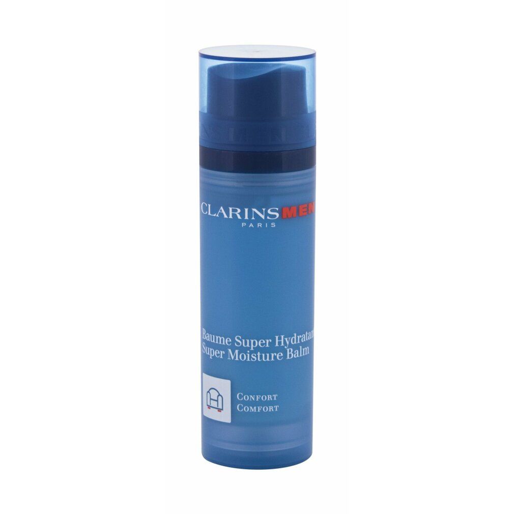 Flacone blu trasparente con tappo blu. Scritta: Clarins Men Paris, Baume Super Hydratant, Super Moisture Balm. Simbolo comfort.