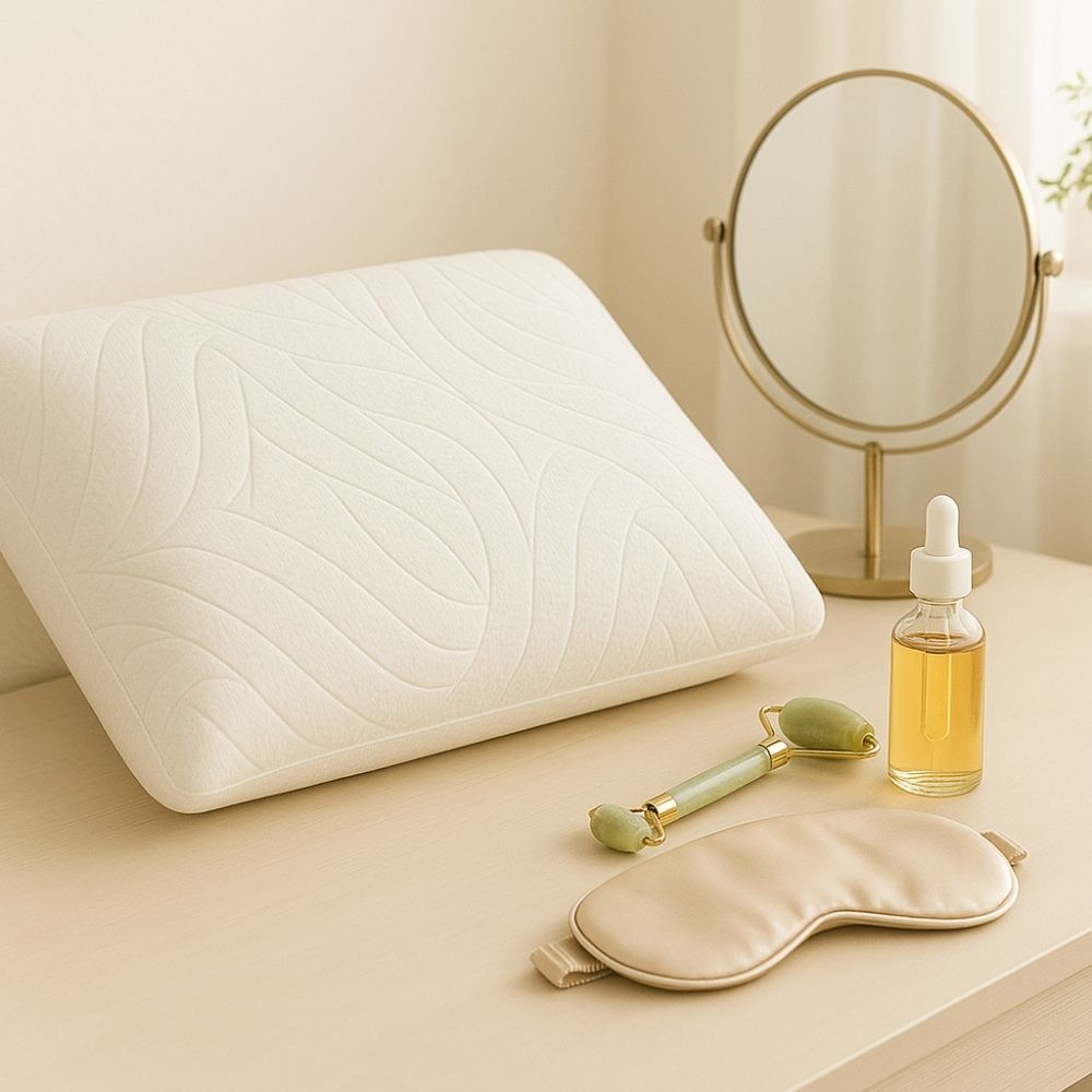 Cuscino beige con motivo a onde. Sul tavolo: specchio, bottiglia di olio, rullo di giada, mascherina per dormire.