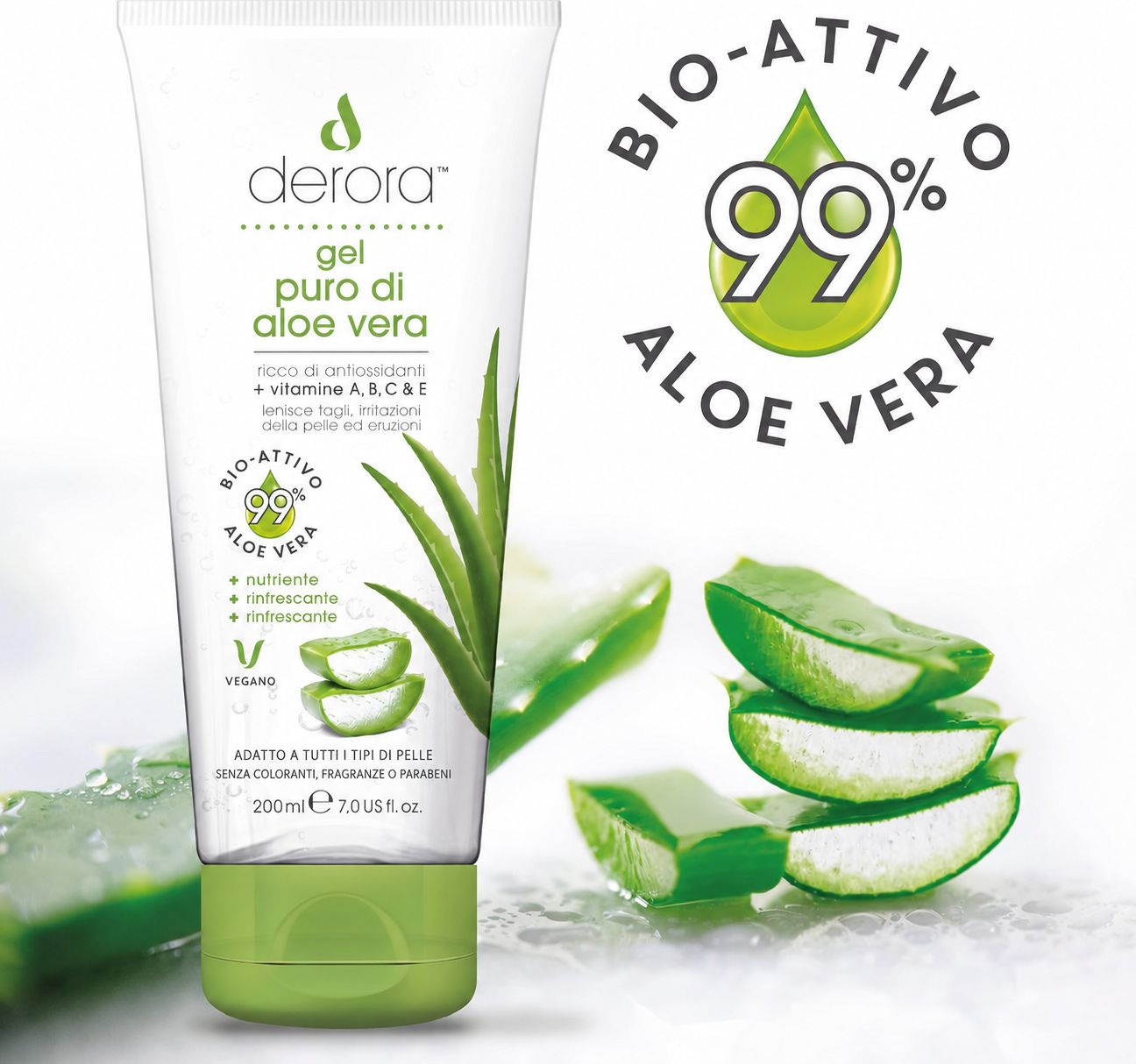 Tubo bianco, tappo verde. Scritta: Derora gel puro di aloe vera. 99% Aloe Vera bio. Vegano. Foglie e fette di aloe vera.