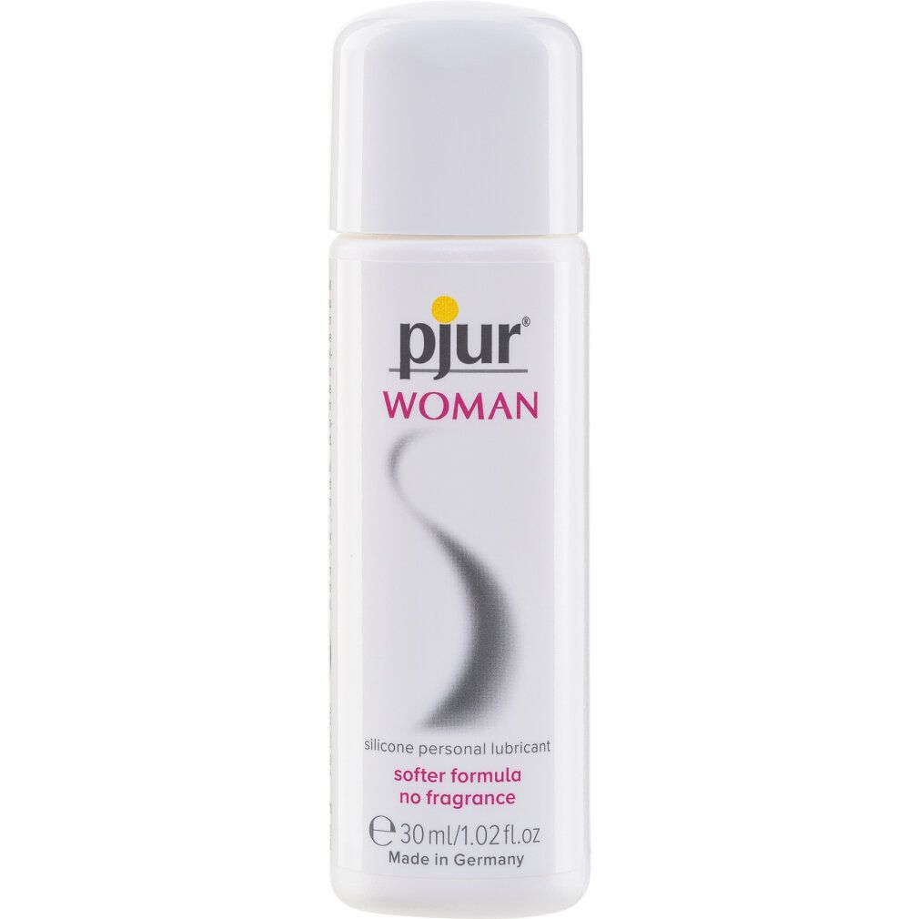 Flacone bianco con logo giallo e scritta WOMAN. Testo: silicone personal lubricant, softer formula no fragrance, e 30ml/1.02 fl.oz.