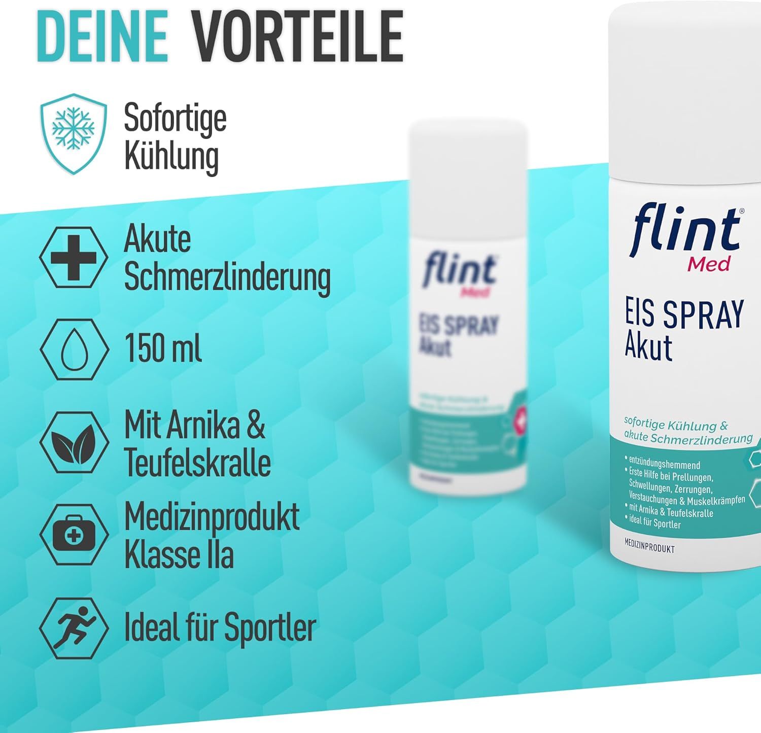 Spray bianco: flint Med Eis Spray Akut. Testo: Raffreddamento immediato, sollievo dal dolore acuto, 150 ml, con Arnica e artiglio del diavolo, sportivi.
