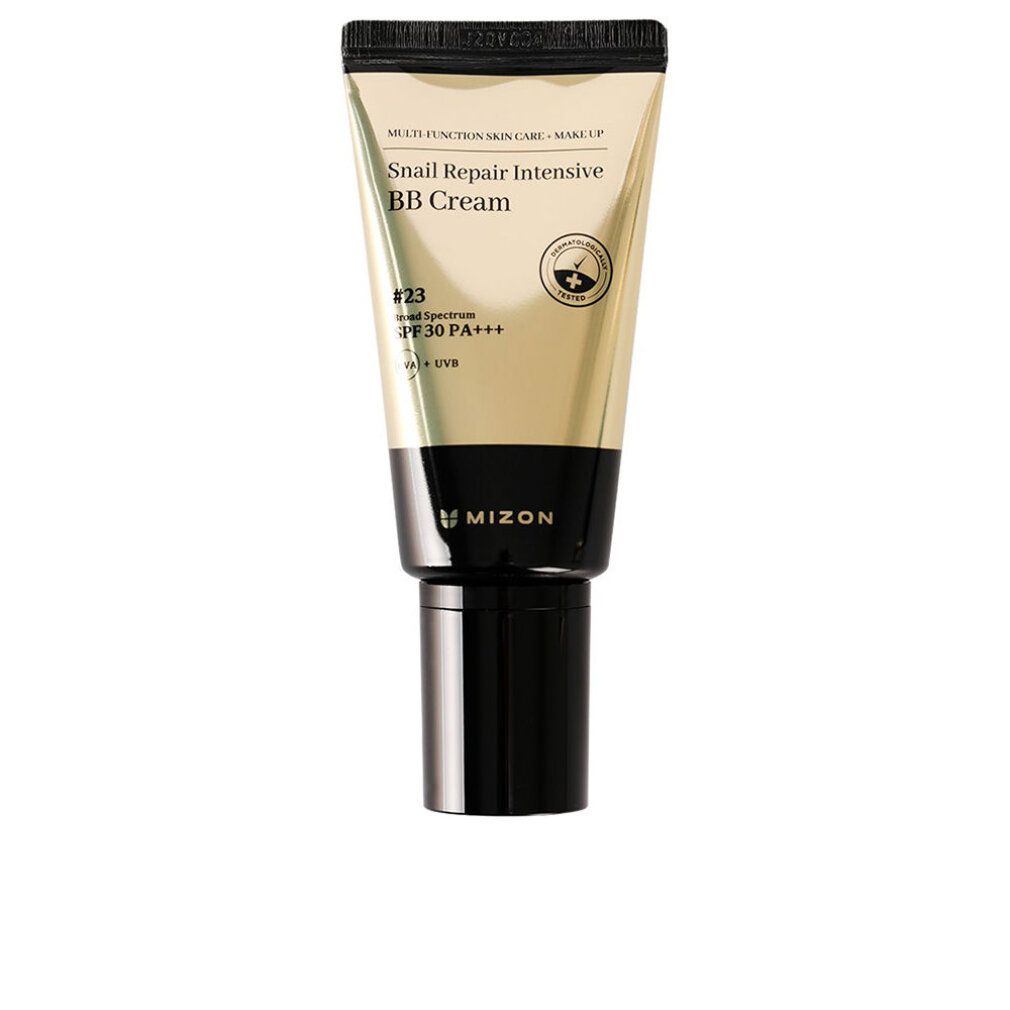 Tubo beige con tappo nero. Scritta: Snail Repair Intensive BB Cream #23 SPF 30 PA+++. Marchio: Mizon. Logo di certificazione.
