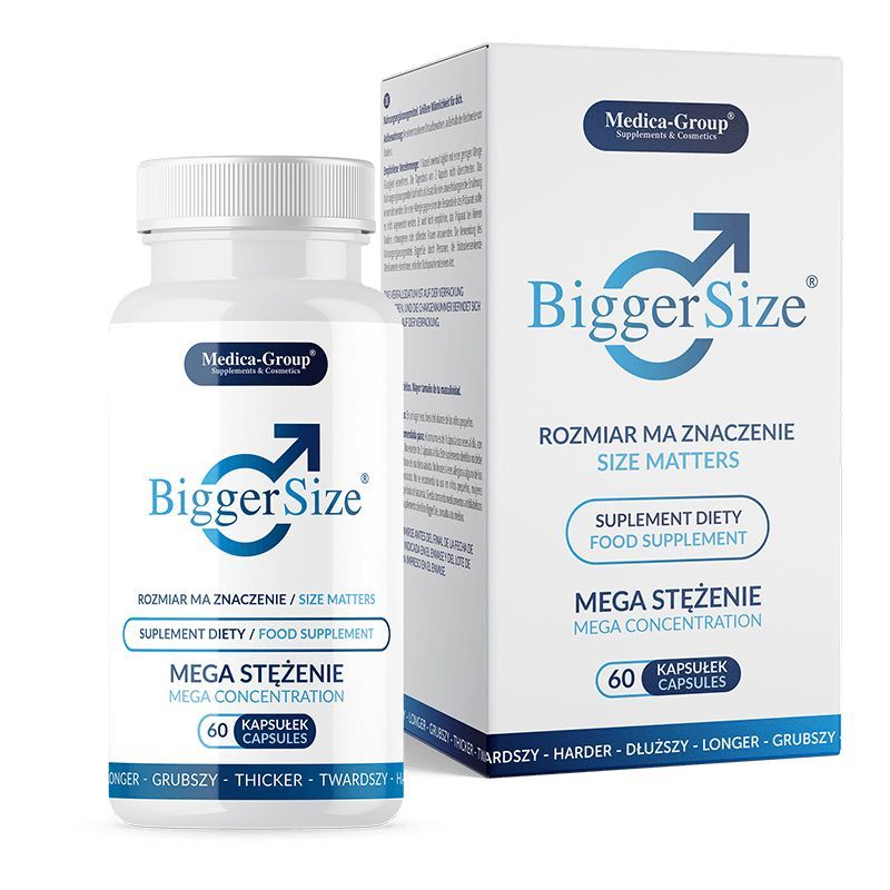 Confezione e flacone del supplemento alimentare BiggerSize con 60 capsule.