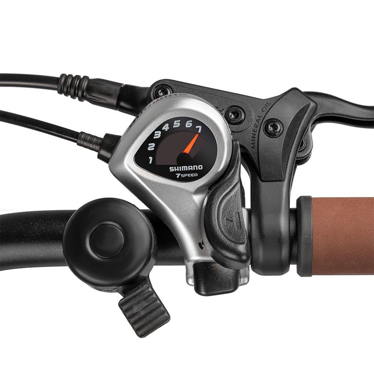 Primo piano del cambio di una e-bike. Shimano a 7 velocità. Dettagli neri.