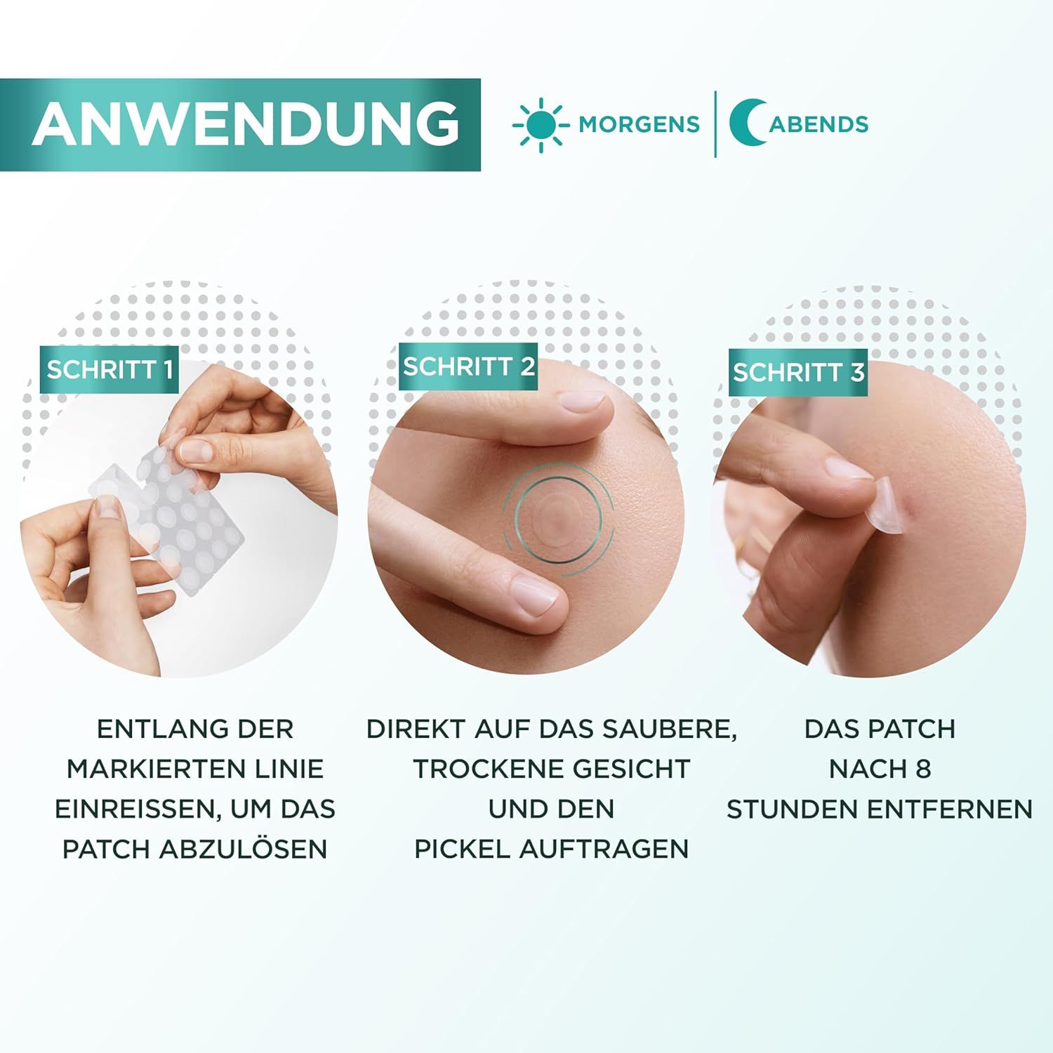 Fasi di applicazione. 1: Staccare il cerotto. 2: Applicare su pelle pulita. 3: Rimuovere dopo 8 ore.