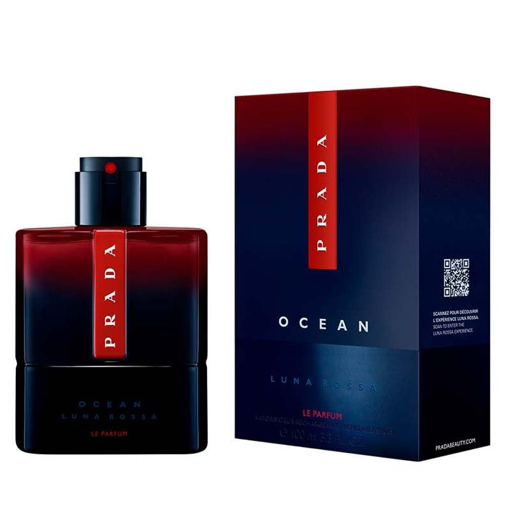 Flacone e confezione. Flacone: blu scuro, rosso, logo Prada. Confezione: rossa, blu, logo Prada, codice QR. Testo: OCEAN LUNA ROSSA LE PARFUM.