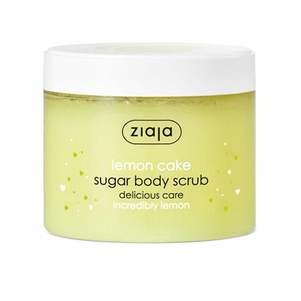 Scrub corpo allo zucchero Ziaja Lemon Cake, barattolo giallo e bianco. Scritte: Sugar Body Scrub, delicious care, incredibly lemon.