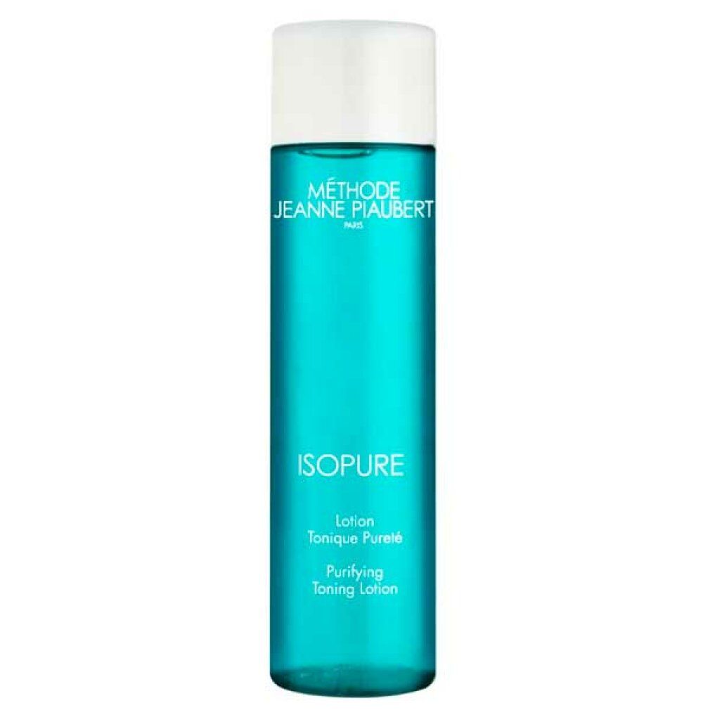 Flacone cilindrico blu con tappo bianco. Scritta: ISOPURE, Méthode Jeanne Piaubert. Lozione tonica.