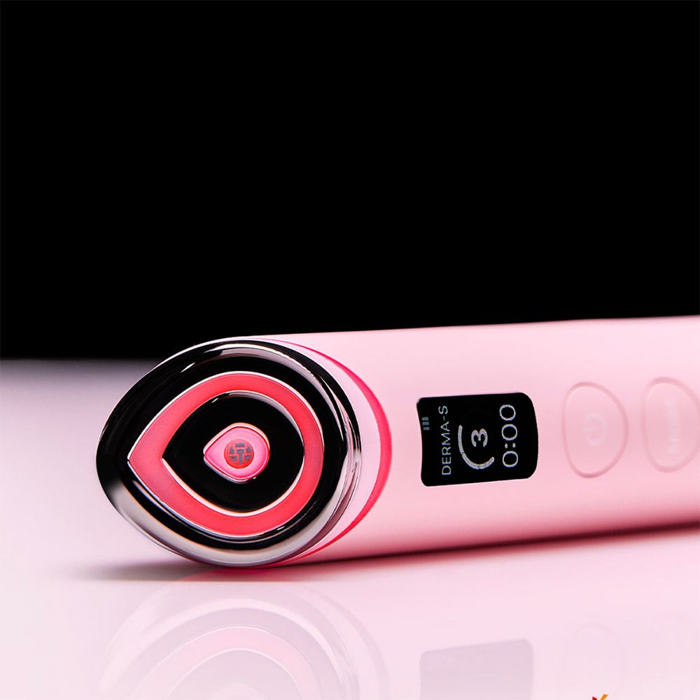 Bacchetta di bellezza rosa con luce rossa. Display digitale. Testo: Derma-S, 3:00.